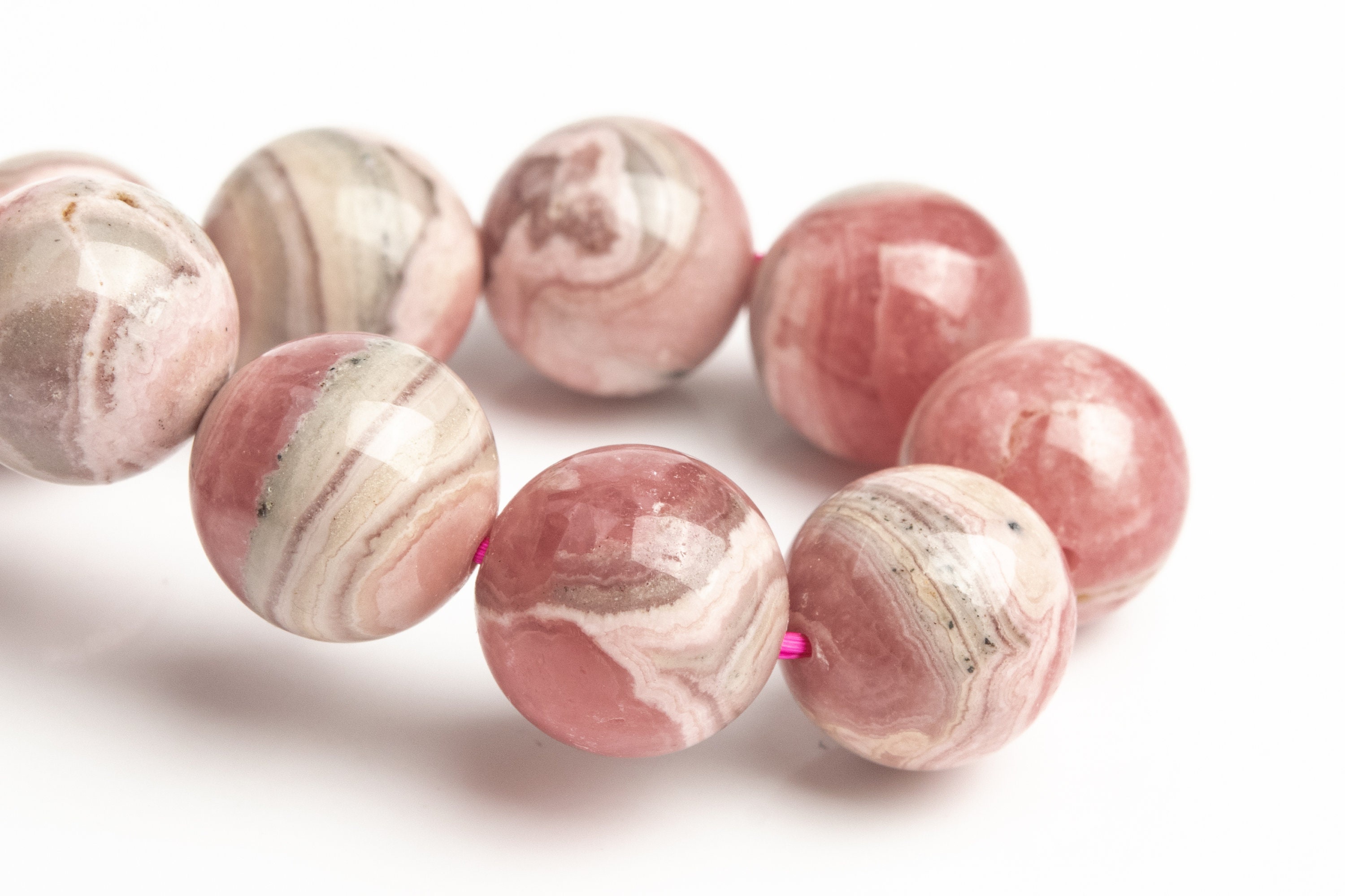 Only One 12mm Argentina Rhodochrosite Beads Gray Pink Lace Bracelet Grade A+ Genuine Natural Round Gemstone 8" (123487h-1978)