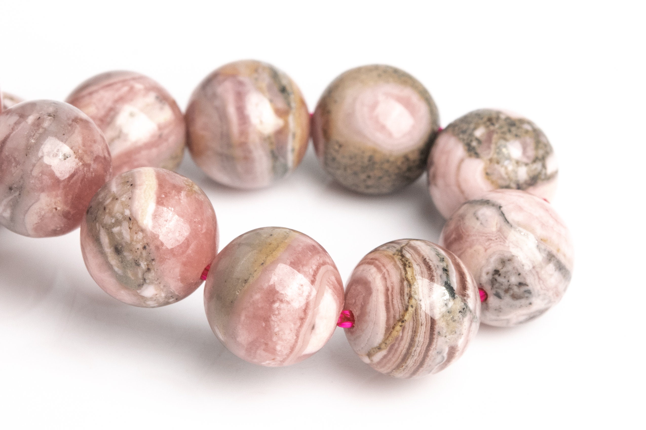 Only One 9mm Argentina Rhodochrosite Beads Gray Pink Bracelet Grade A Genuine Natural Round Gemstone 7" (123379h-3003)