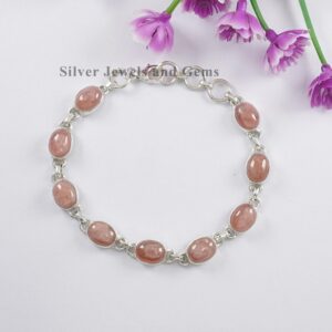 Natural Rhodochrosite Bracelet: Oval Pink Gemstone, 925 Sterling Silver Natural Rhodochrosite Bracelet: Oval Pink Gemstone, 925 Sterling Silver