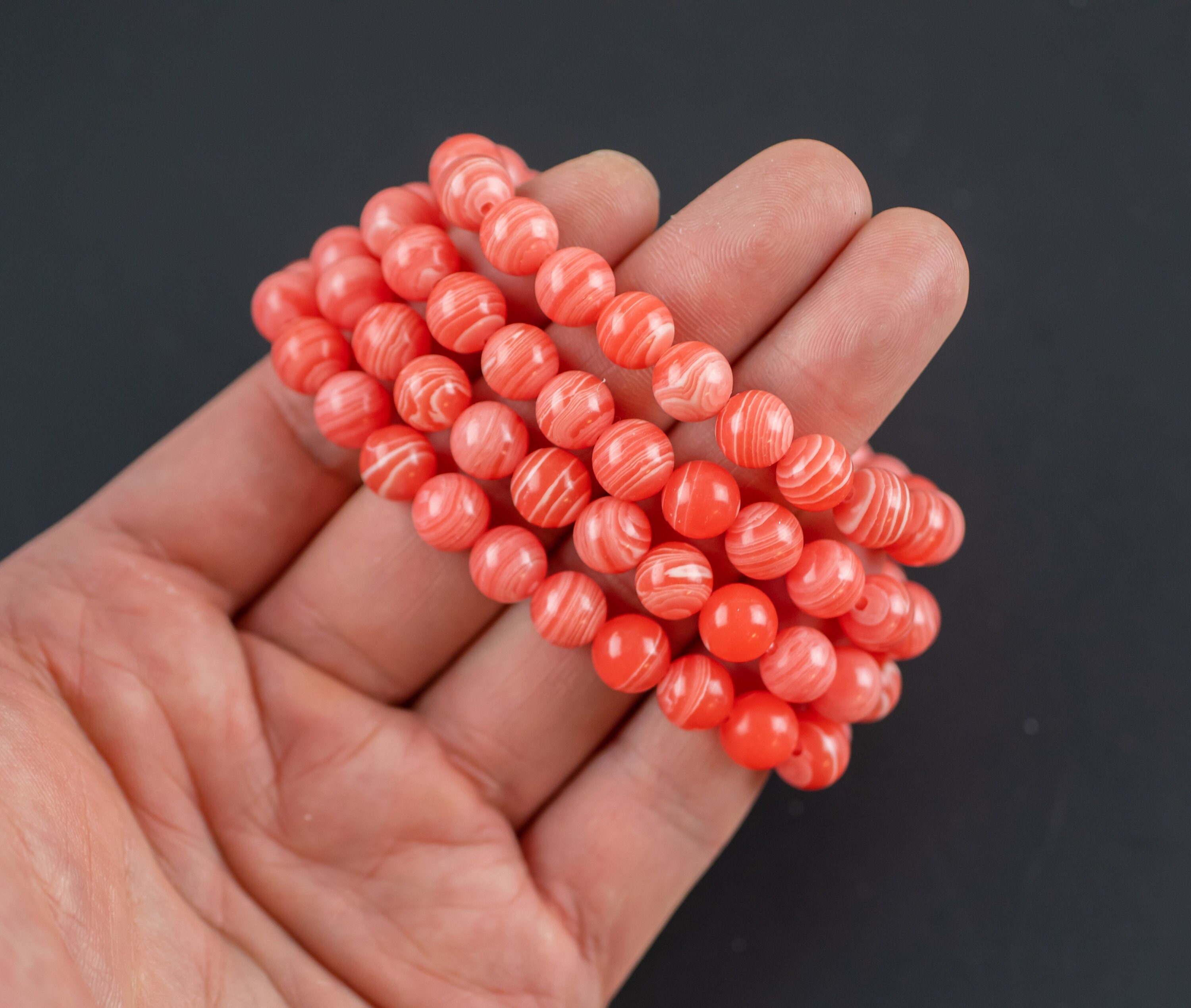 Reconstituted Rhodochrosite Bracelet Round Size 6mm And 8mm Handmade In Usa Natural Gemstone Crystal Bracelets Handmade Jewelry - Approx. 7" Reconstituted Rhodochrosite Bracelet Round Size 6mm And 8mm Handmade In Usa Natural Gemstone Crystal Bracelets Handmade Jewelry - Approx. 7"