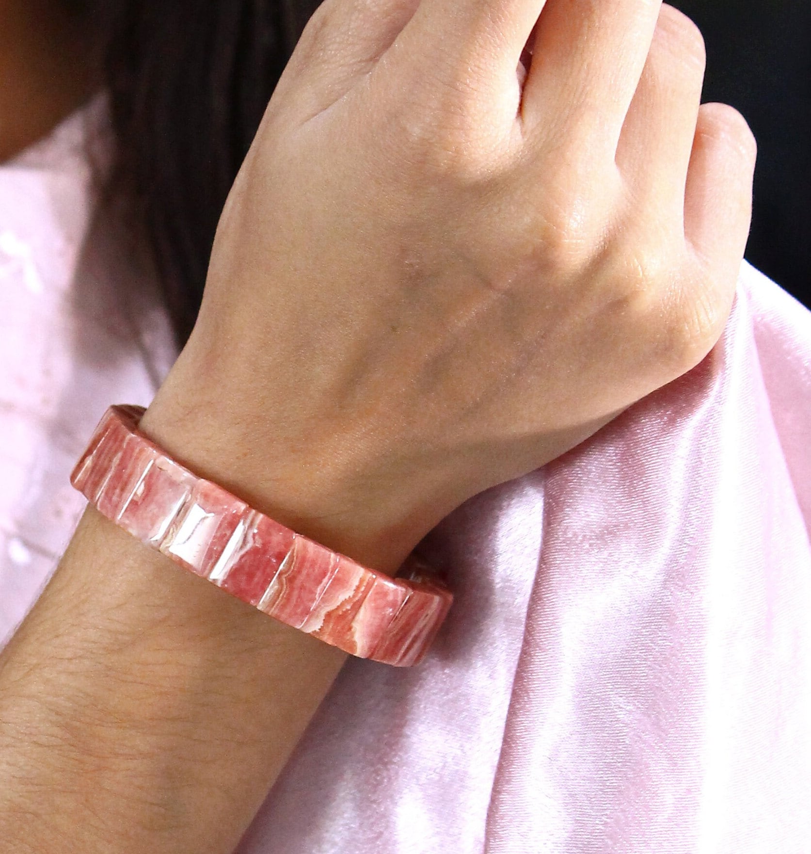 Rhodochrosite Stretch Bracelet, Pink Stone Beads, 7 Inch