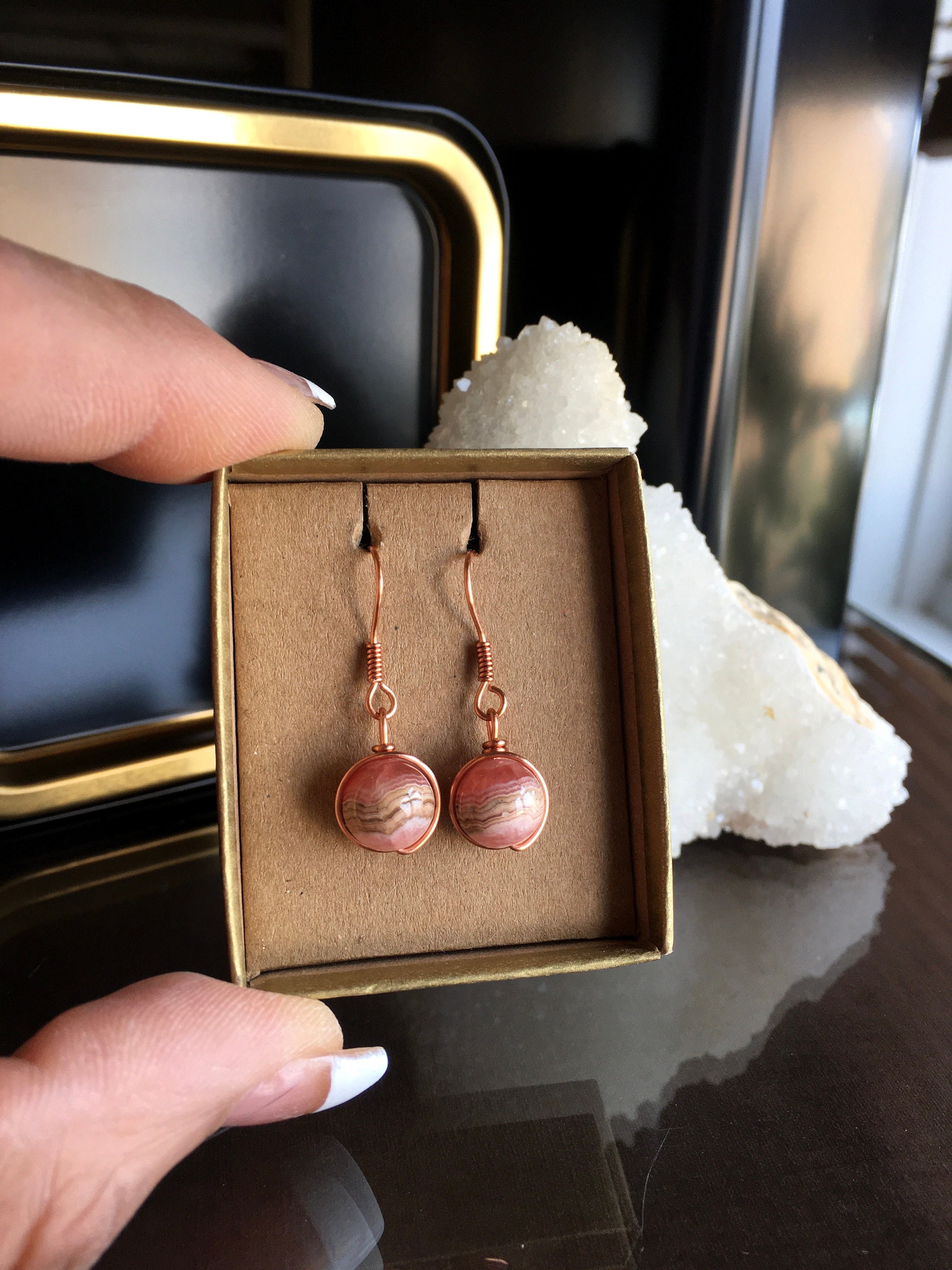Rhodochrosite Bead Earrings, Handmade Gift Box Rhodochrosite Bead Earrings, Handmade Gift Box