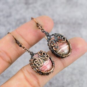 Rhodochrosite Copper Earrings Copper Wire Wrapped Gemstone Earrings Copper Jewelry Designer Dangle Earrings For Women Gift For Her Mother