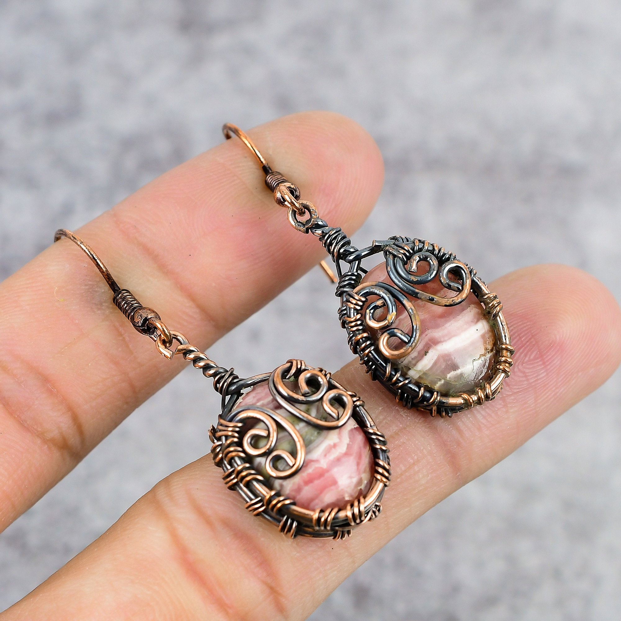 Rhodochrosite Copper Earrings Copper Wire Wrapped Gemstone Earrings Copper Jewelry Designer Dangle Earrings For Women Gift For Her Mother Rhodochrosite Copper Earrings Copper Wire Wrapped Gemstone Earrings Copper Jewelry Designer Dangle Earrings For Women Gift For Her Mother