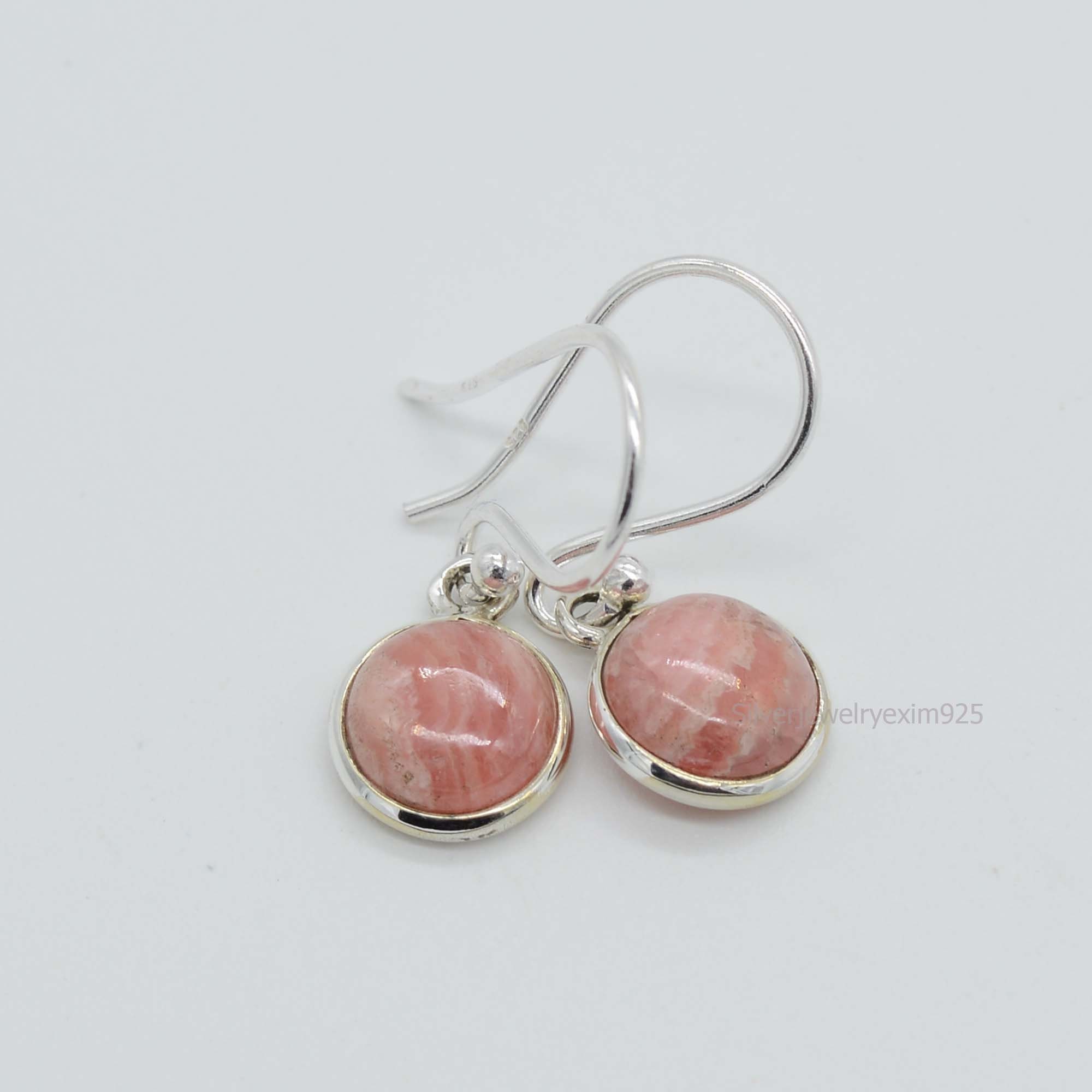Rhodochrosite Dangle Earrings: 925 Sterling Silver, 8mm Round