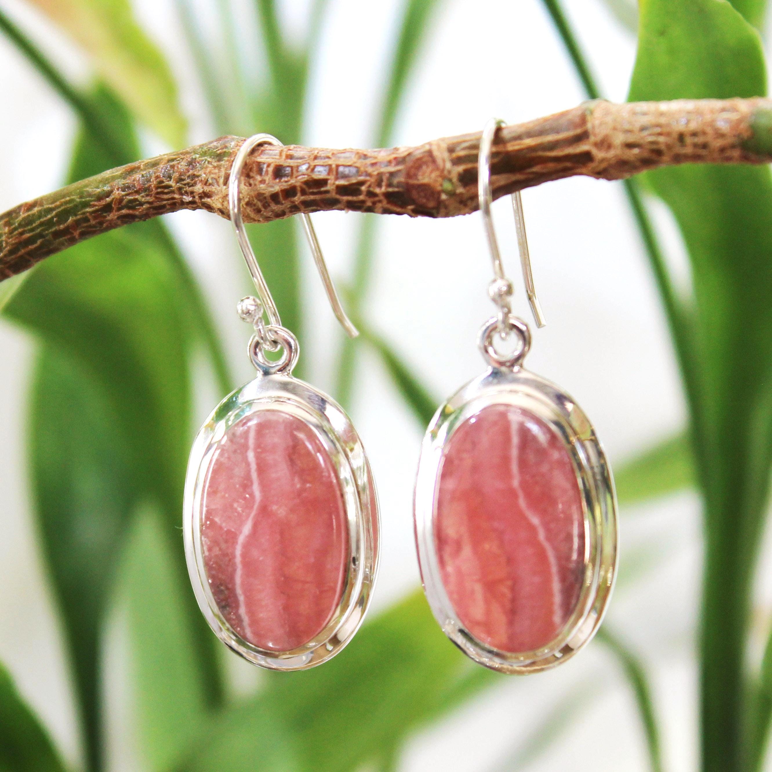 Rhodochrosite Dangle Earrings: Oval Pink Gemstone, 925 Sterling Silver Rhodochrosite Dangle Earrings: Oval Pink Gemstone, 925 Sterling Silver