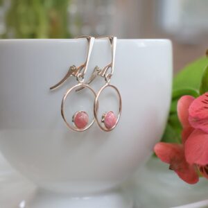 Rhodochrosite Drop Earrings - Bezel Set In Sterling Silver Round Frame - Natural Pink Gemstone Leverback Earrings