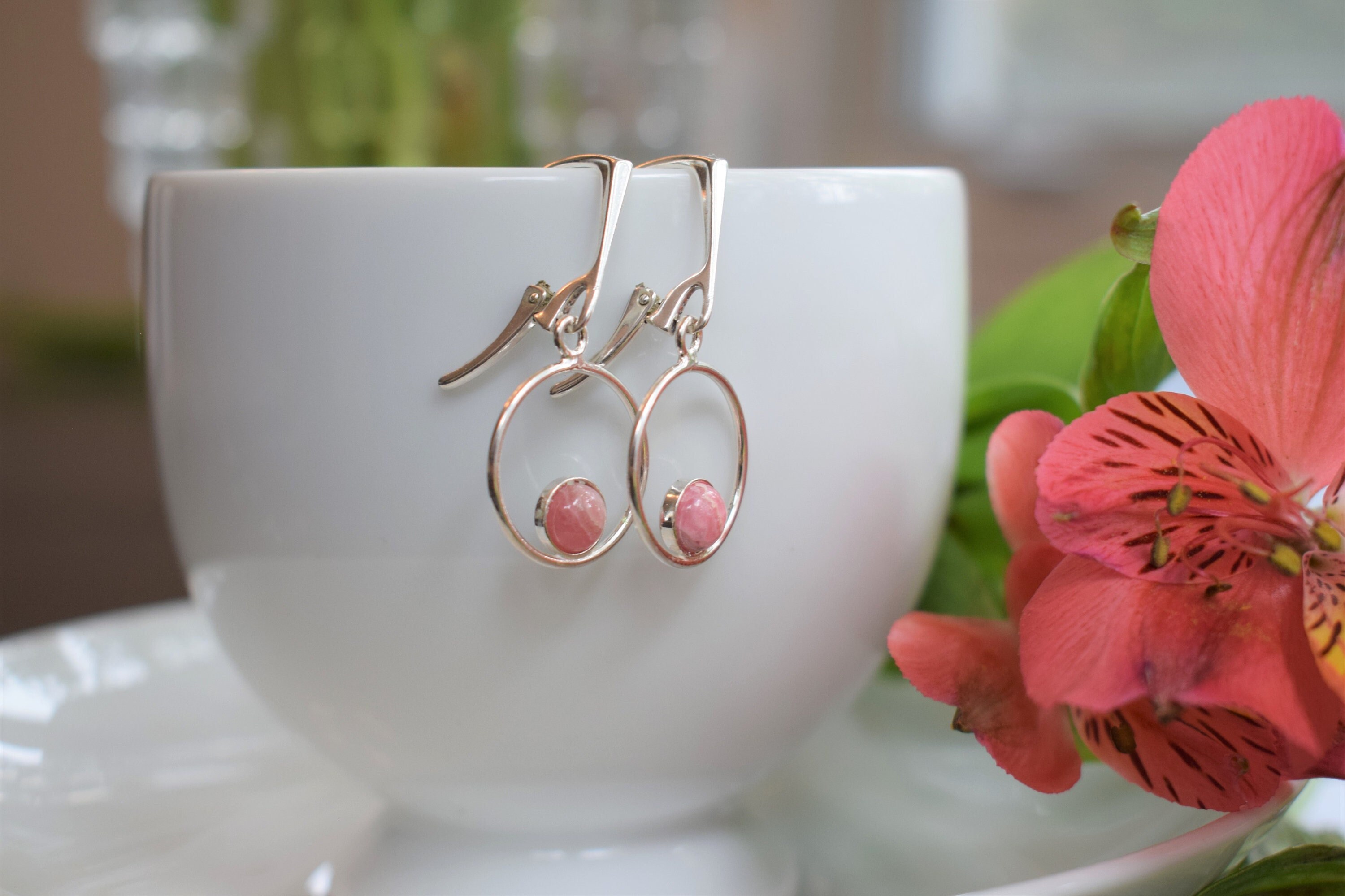 Rhodochrosite Drop Earrings - Bezel Set In Sterling Silver Round Frame - Natural Pink Gemstone Leverback Earrings Rhodochrosite Drop Earrings - Bezel Set In Sterling Silver Round Frame - Natural Pink Gemstone Leverback Earrings