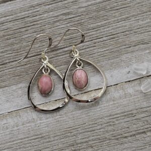 Rhodochrosite Drop Earrings - Bezel Set Rhodochrosite In Sterling Silver Teardrop Frame - Natural Gemstone Earrings