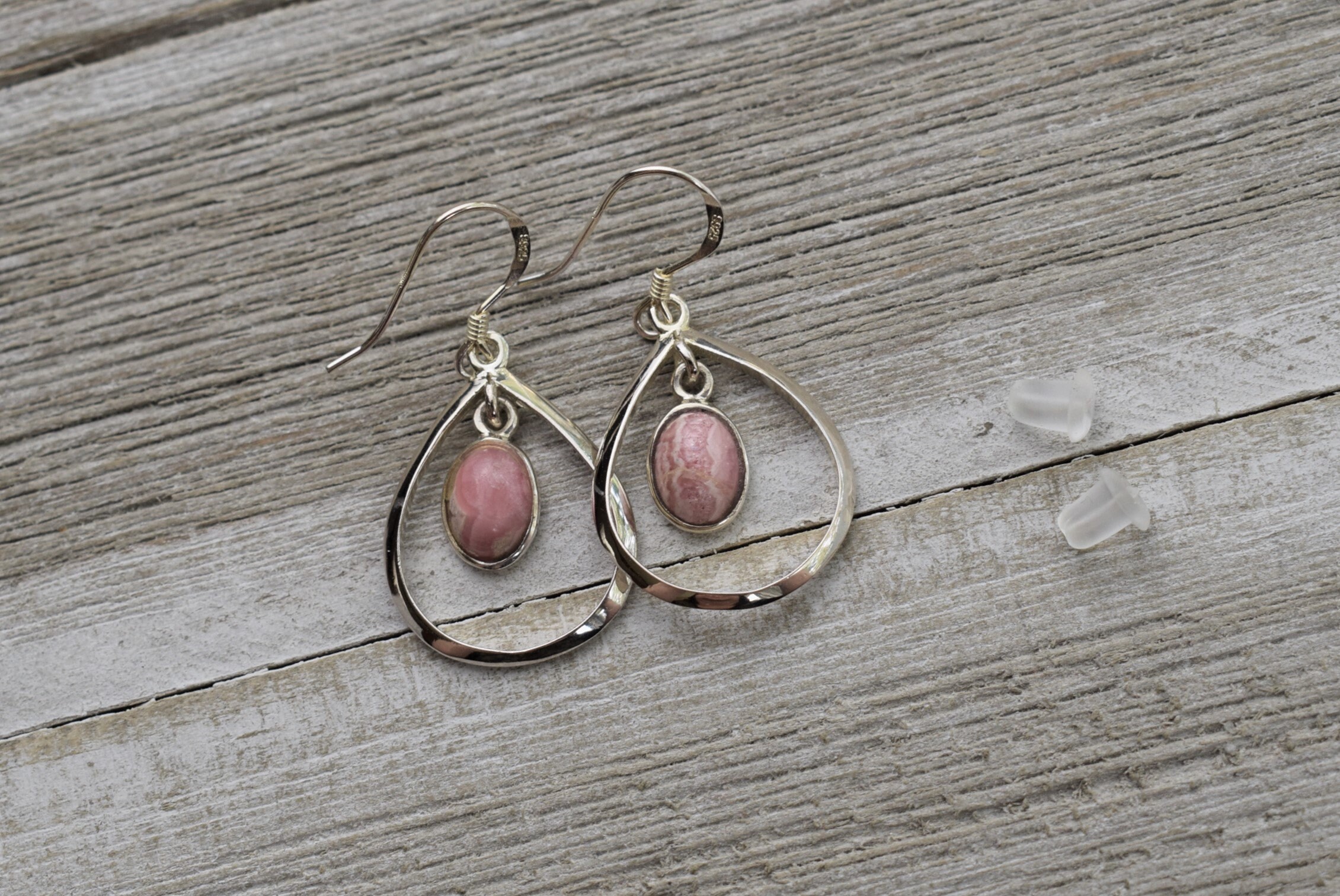 Rhodochrosite Drop Earrings - Bezel Set Rhodochrosite In Sterling Silver Teardrop Frame - Natural Gemstone Earrings Rhodochrosite Drop Earrings - Bezel Set Rhodochrosite In Sterling Silver Teardrop Frame - Natural Gemstone Earrings
