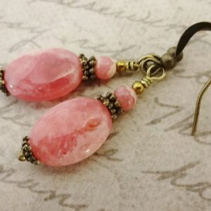 Rhodochrosite Gemstone Earrings: Antique Brass Boho Jewelry