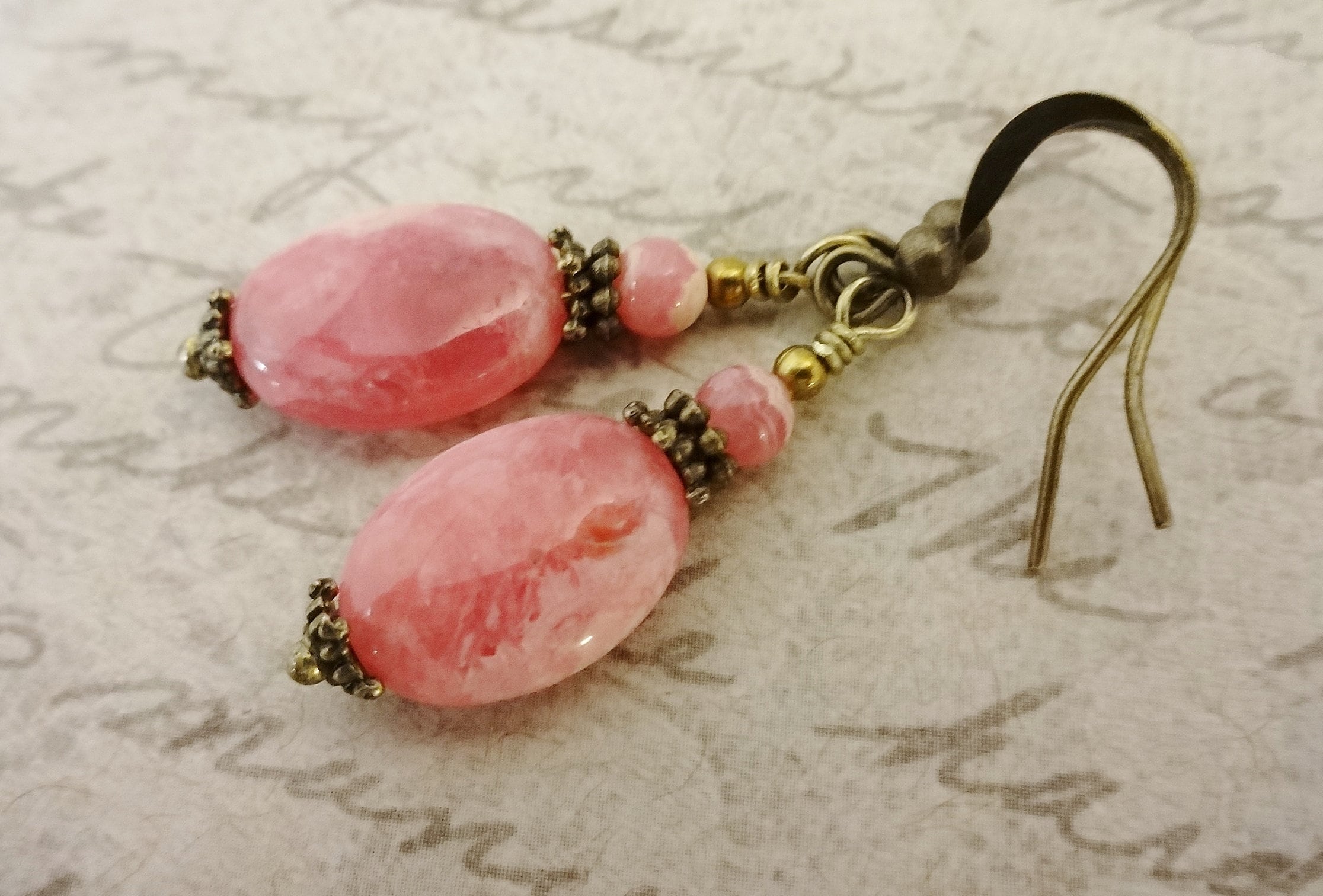 Rhodochrosite Gemstone Earrings: Antique Brass Boho Jewelry Rhodochrosite Gemstone Earrings: Antique Brass Boho Jewelry