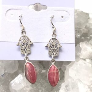 Rhodochrosite Hamsa Hand Earrings
