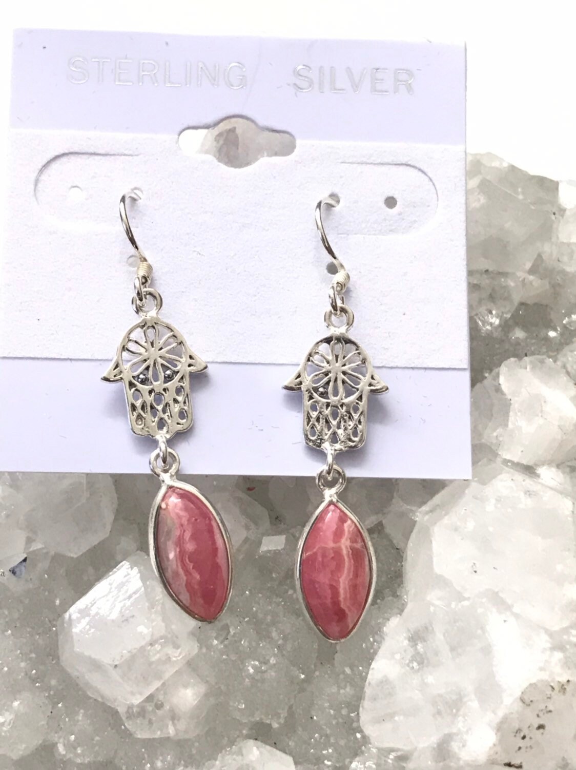 Rhodochrosite Hamsa Hand Earrings Rhodochrosite Hamsa Hand Earrings