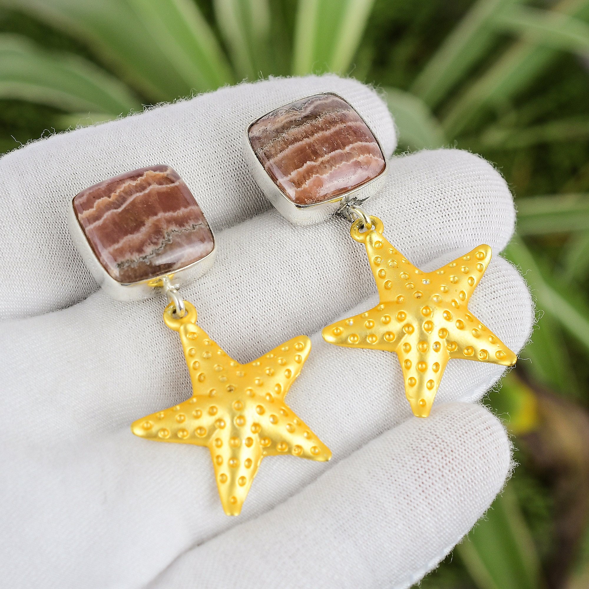 Handmade Rhodochrosite Starfish Earrings: 925 Sterling Silver, 18k Gold Plated