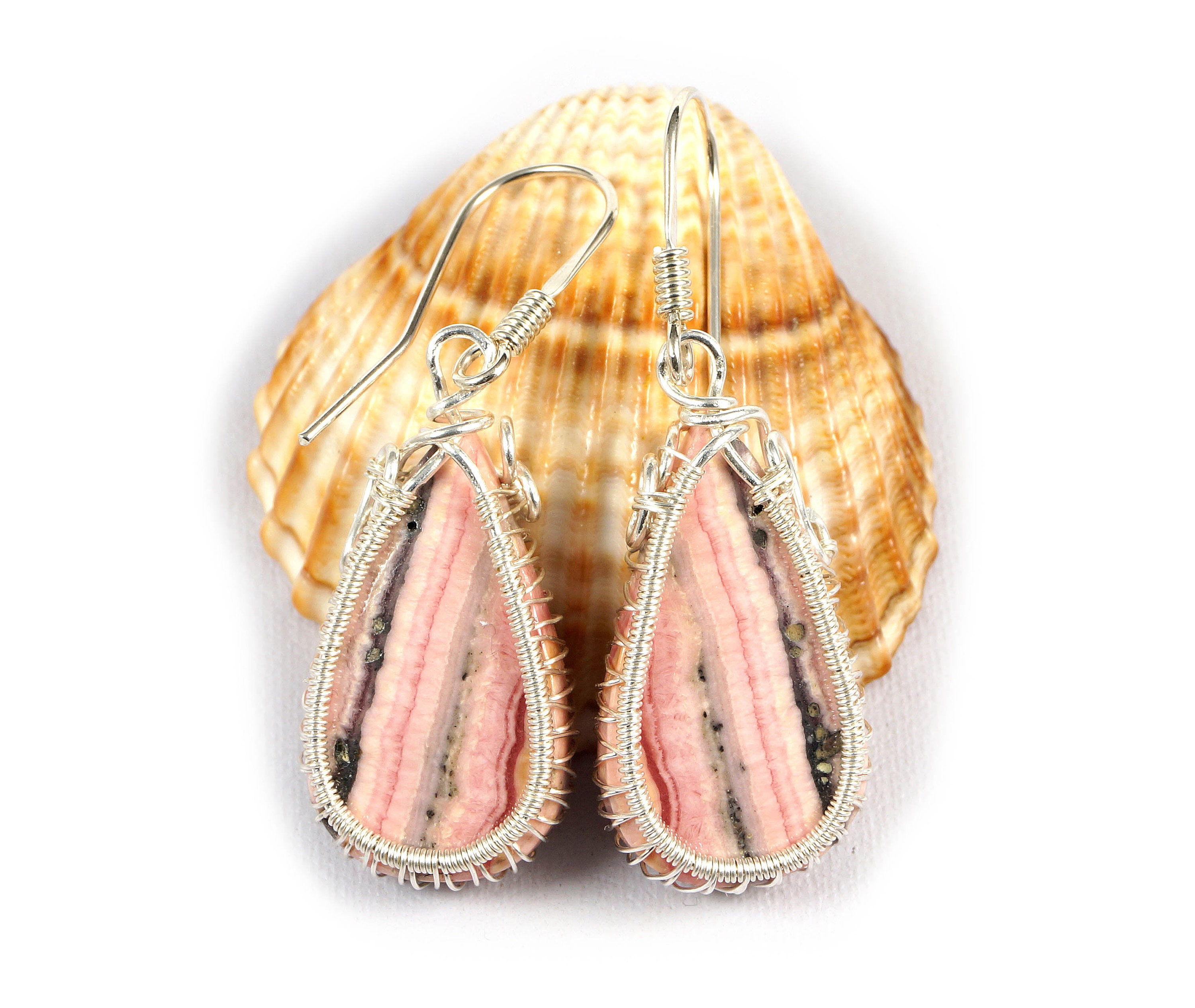 Handmade Sterling Silver Wire Wrapped Rhodochrosite Earrings