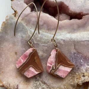 Large Pink Rhodochrosite Gold Filled  Earrings  - Raw Stone Slice Earrings  - Crystal Jewelry - Earthy Earrings - Pink Earrings