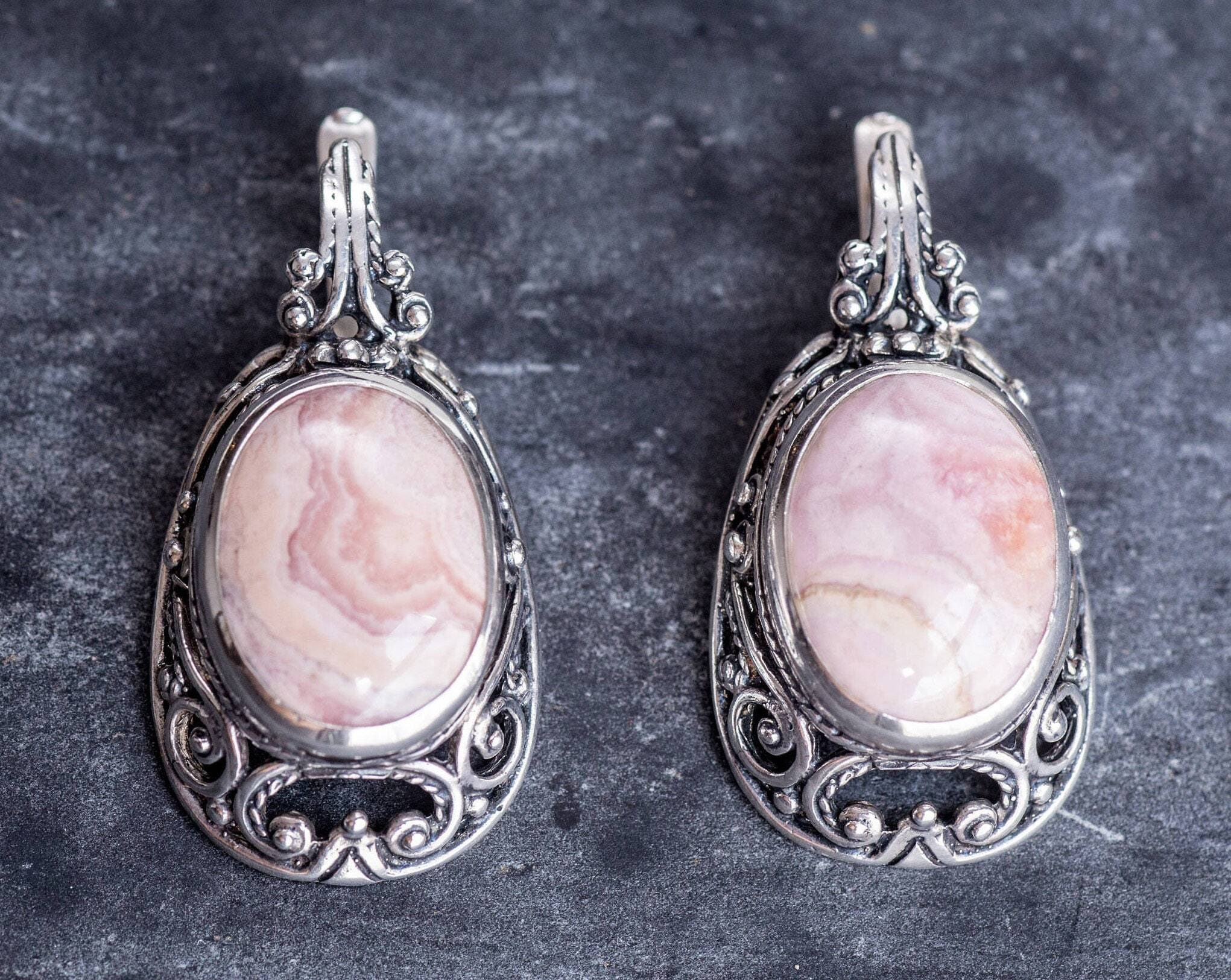 Rhodochrosite Earrings, Large Rhodochrosite, Vintage Earrings, Statement Earrings, Pink Earrings, Large Earrings, Rhodochrosite, Argentina Rhodochrosite Earrings, Large Rhodochrosite, Vintage Earrings, Statement Earrings, Pink Earrings, Large Earrings, Rhodochrosite, Argentina