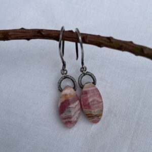 Rhodochrosite Marquise, Sterling Silver Coil Wrap Talisman Ear Wire Earrings