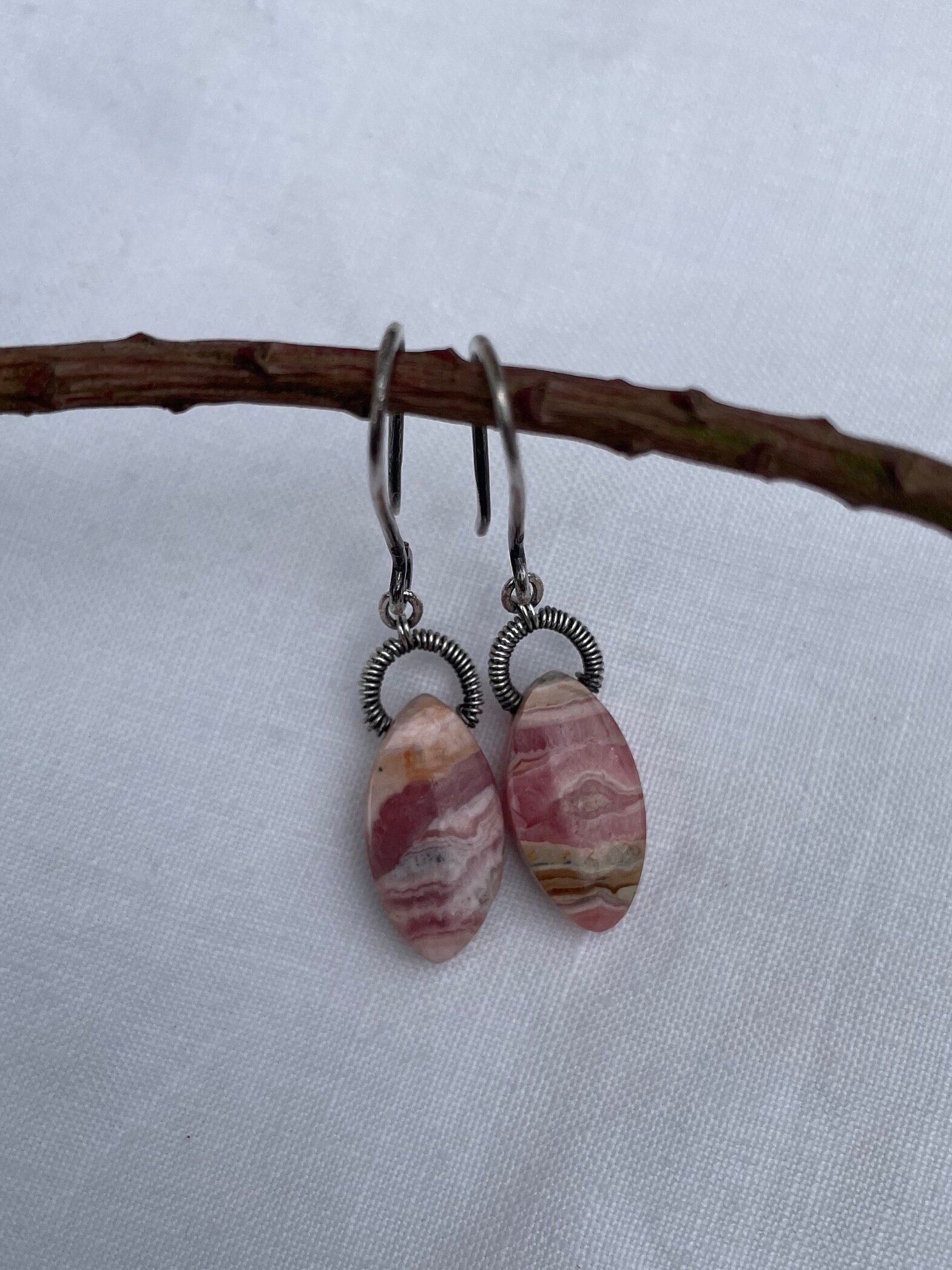 Rhodochrosite Marquise, Sterling Silver Coil Wrap Talisman Ear Wire Earrings