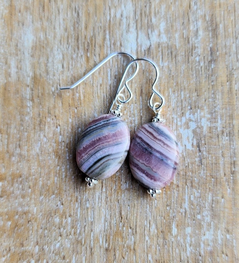 Natural Pink Rhodochrosite Gemstone Earrings, Pink Dangle Earrings Sterling Silver, Dainty Pink Earrings, Pink Oval Gemstone Earrings
