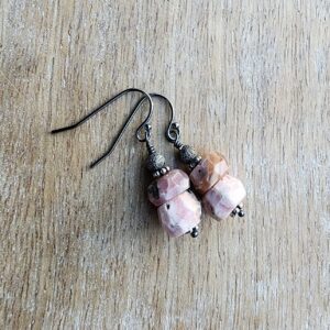 Pink Rhodochrosite Gemstone Earrings Oxidized Sterling Silver, Stacked Earrings, Pretty Pink and Black Earrings, Chunky Light Pink Earrings