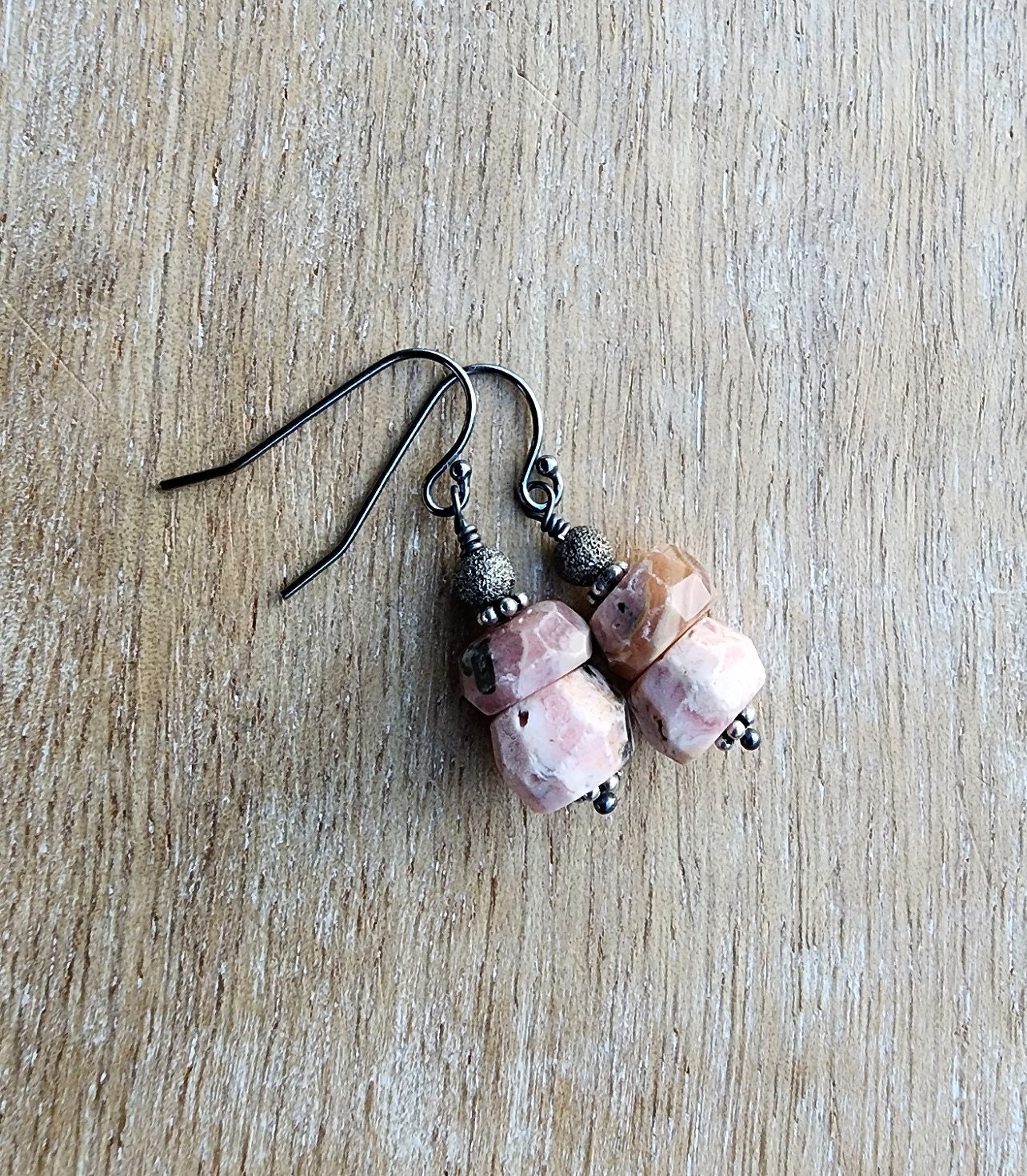 Pink Rhodochrosite Gemstone Earrings Oxidized Sterling Silver, Stacked Earrings, Pretty Pink And Black Earrings, Chunky Light Pink Earrings