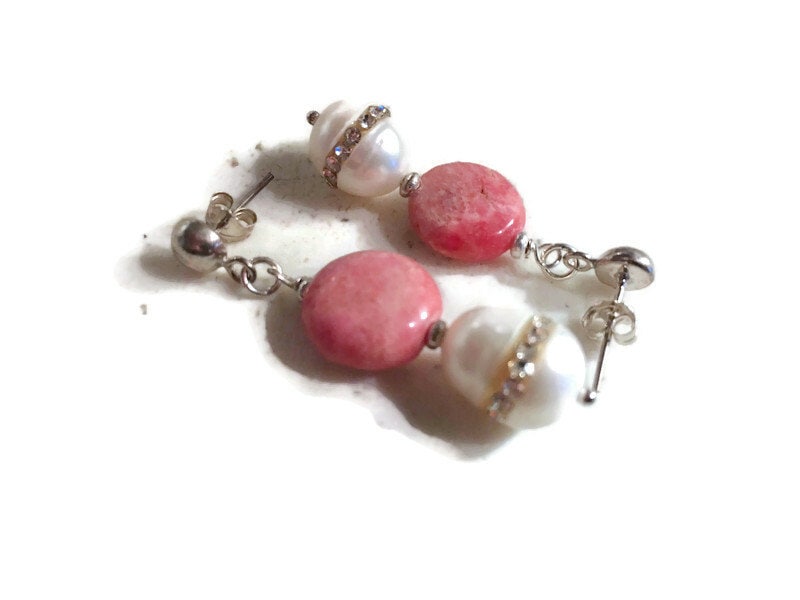 Rhodochrosite Earrings - Pink Jewelry - Sterling Silver Jewellery - Dangle - Mod - Fashion - Gemstone