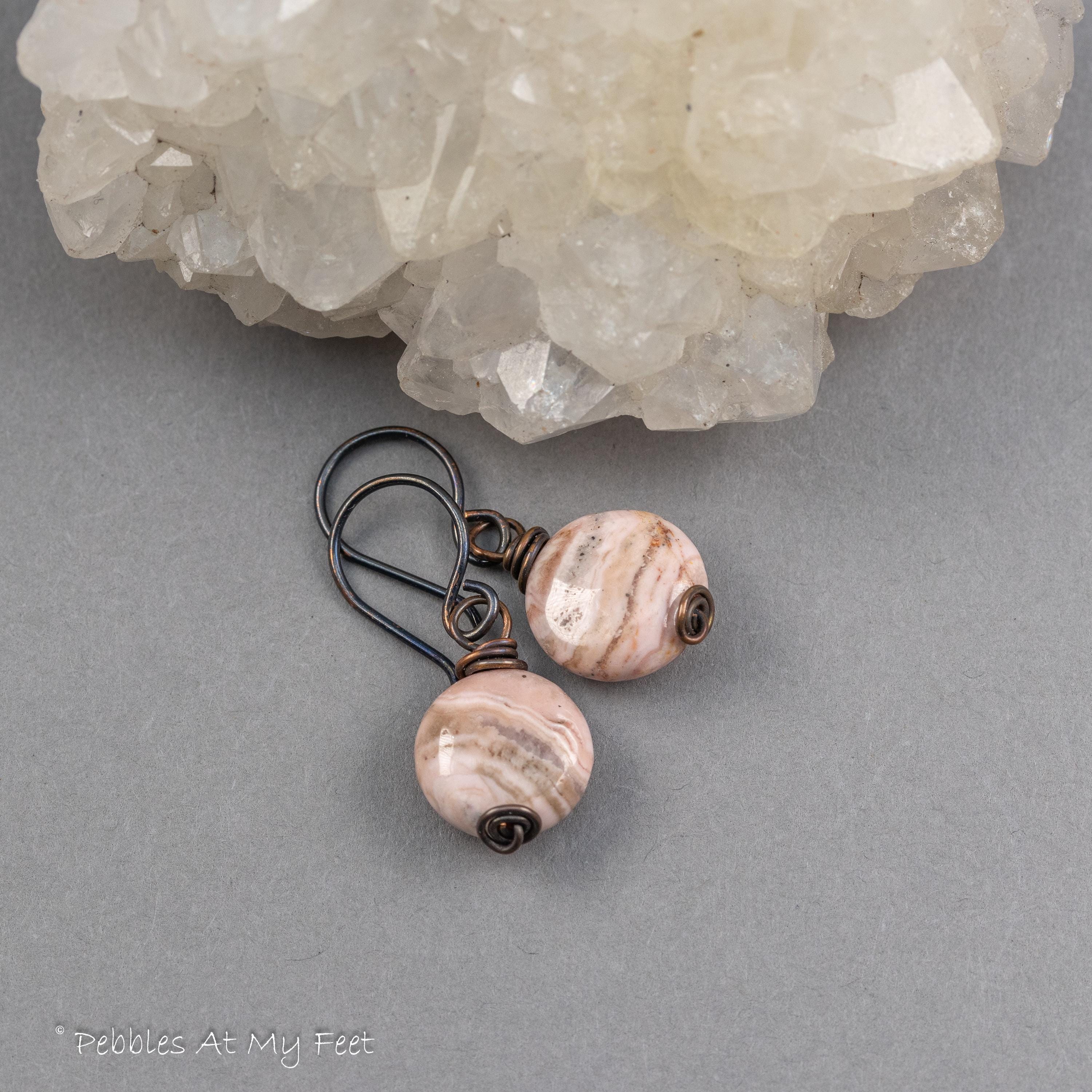 Pink Natural Stone Earrings: Simple Drop Earrings With Rhodochrosite