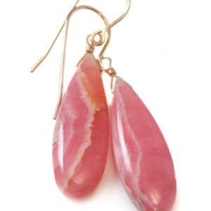 Rhodochrosite Earrings Smooth Natural Pink Teardrop Dangle Drops Sterling Silver Or 14k Solid Gold Or Filled Teardrops 1.8 Inch Earthy Pink