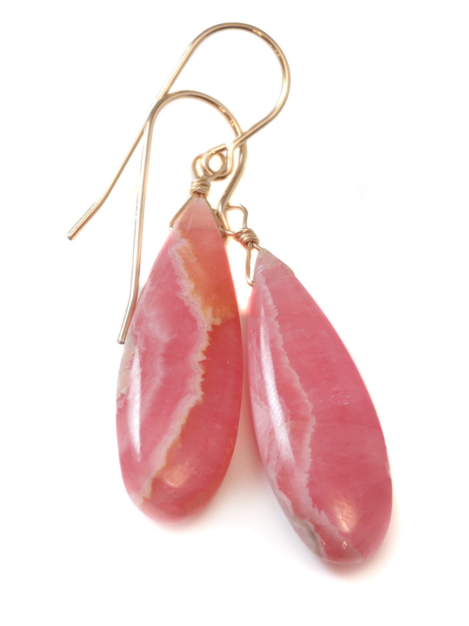 Rhodochrosite Earrings Smooth Natural Pink Teardrop Dangle Drops Sterling Silver Or 14k Solid Gold Or Filled Teardrops 1.8 Inch Earthy Pink