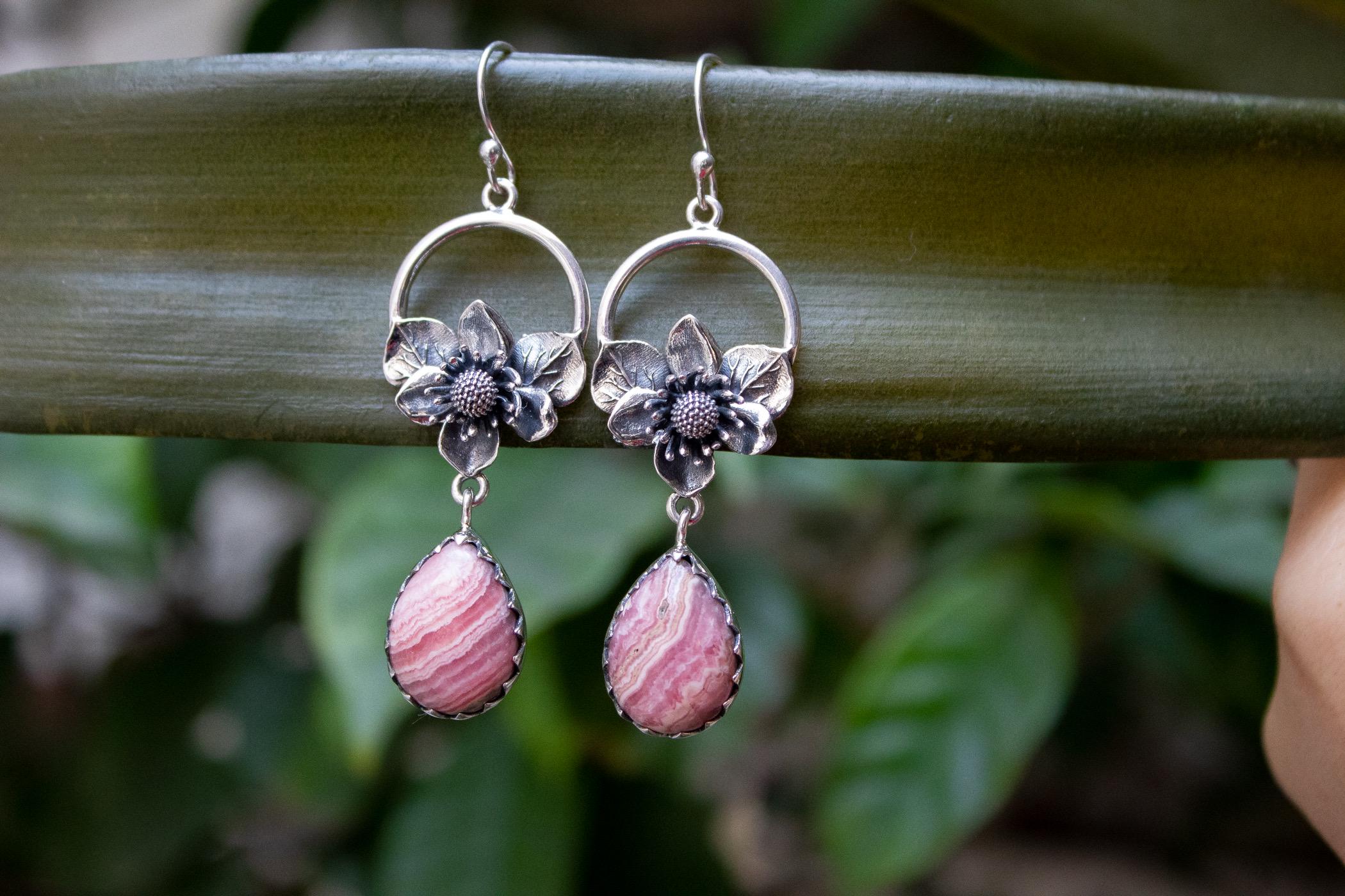 Rhodochrosite Earrings: Sterling Silver Floral Artisan Jewelry