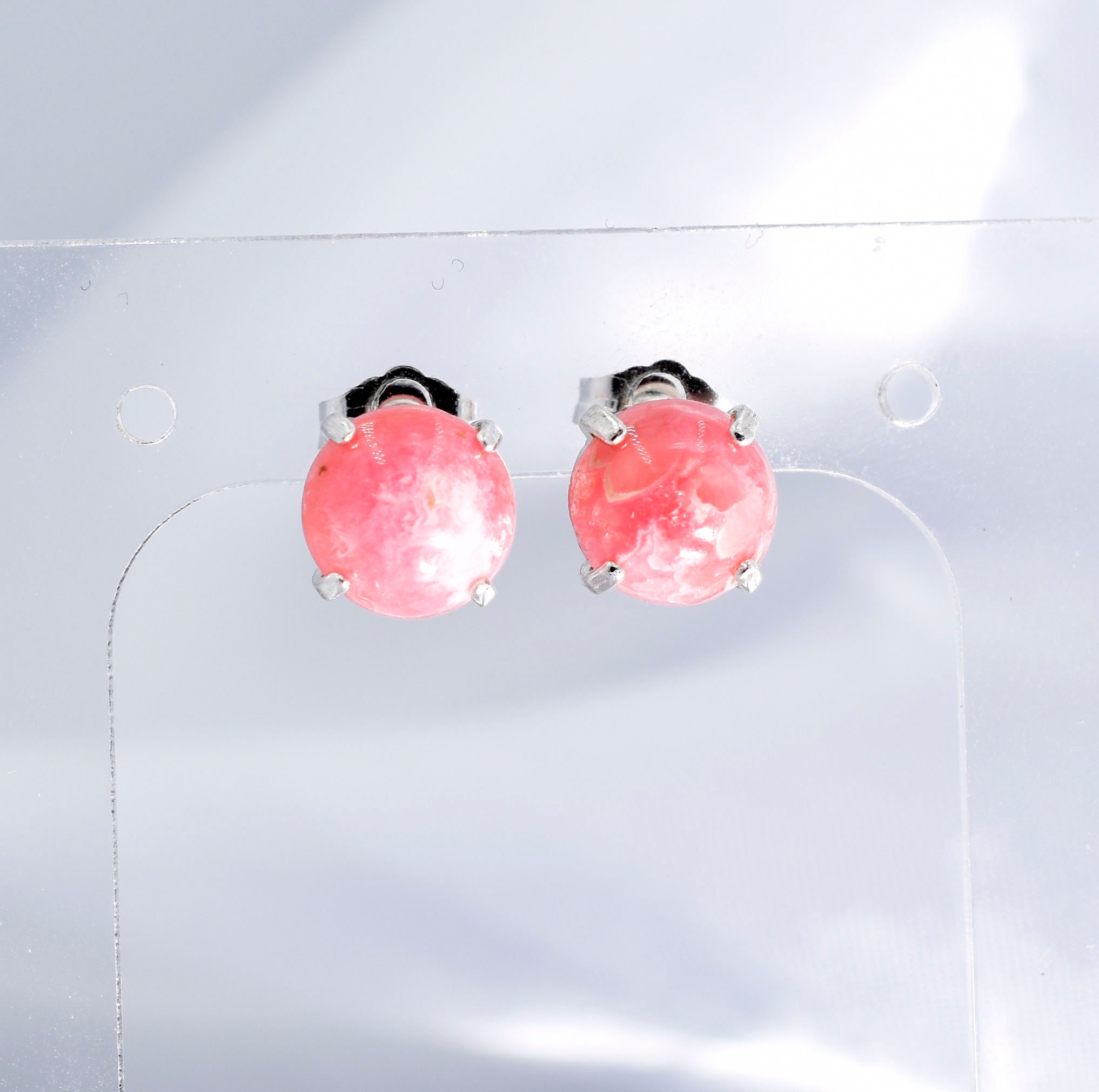Rhodochrosite Stud Earrings, Genuine Gemstones 8mm Round Cabochon Cut Set In 925 Sterling Silver Stud Earrings Rhodochrosite Stud Earrings, Genuine Gemstones 8mm Round Cabochon Cut Set In 925 Sterling Silver Stud Earrings