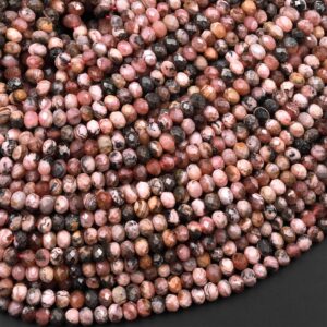 Natural Rhodochrosite 4mm Faceted Rondelle Beads Black Iron Matrix Micro Diamond Cut Gemstone 15.5" Strand