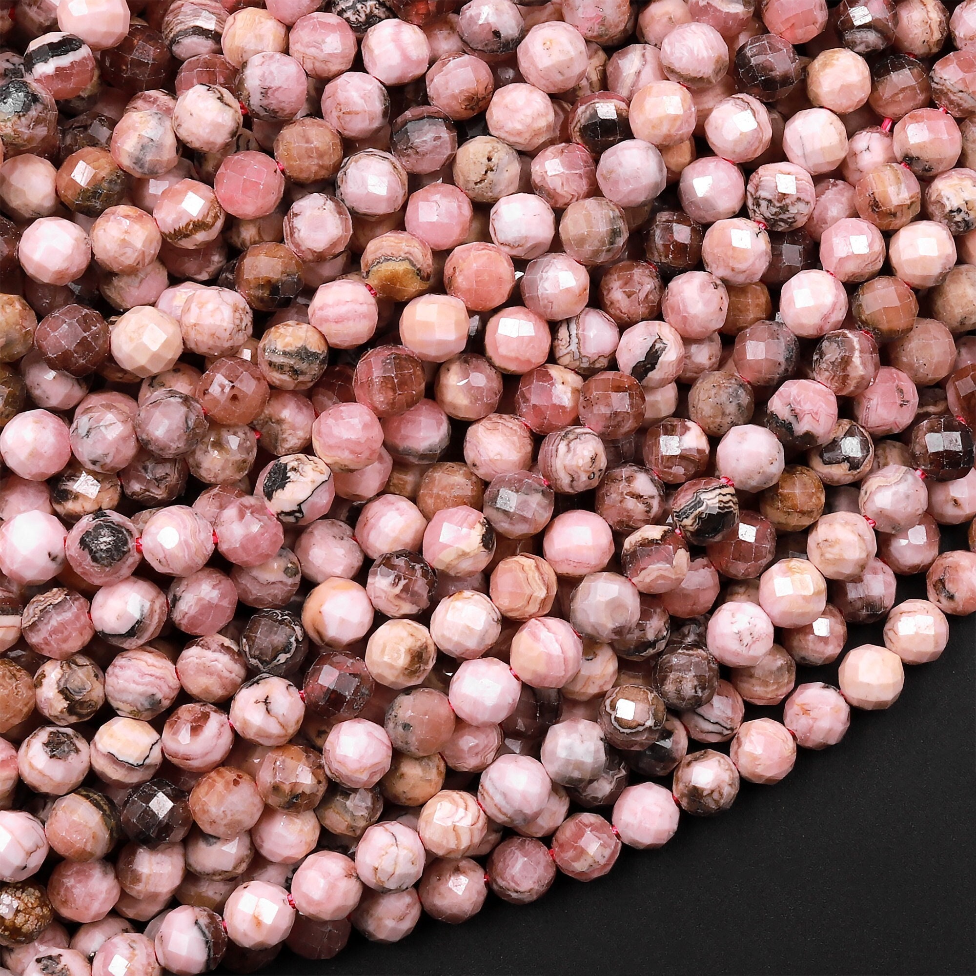 Natural Pink Rhodochrosite 3mm 4mm 5mm Faceted Round Beads Micro Laser Diamond Cut Gemstone 15.5" Strand