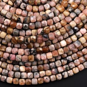 Natural Pink Brown Capillitita Rhodochrosite Faceted 4mm Cube Gemstone Beads 15.5" Strand