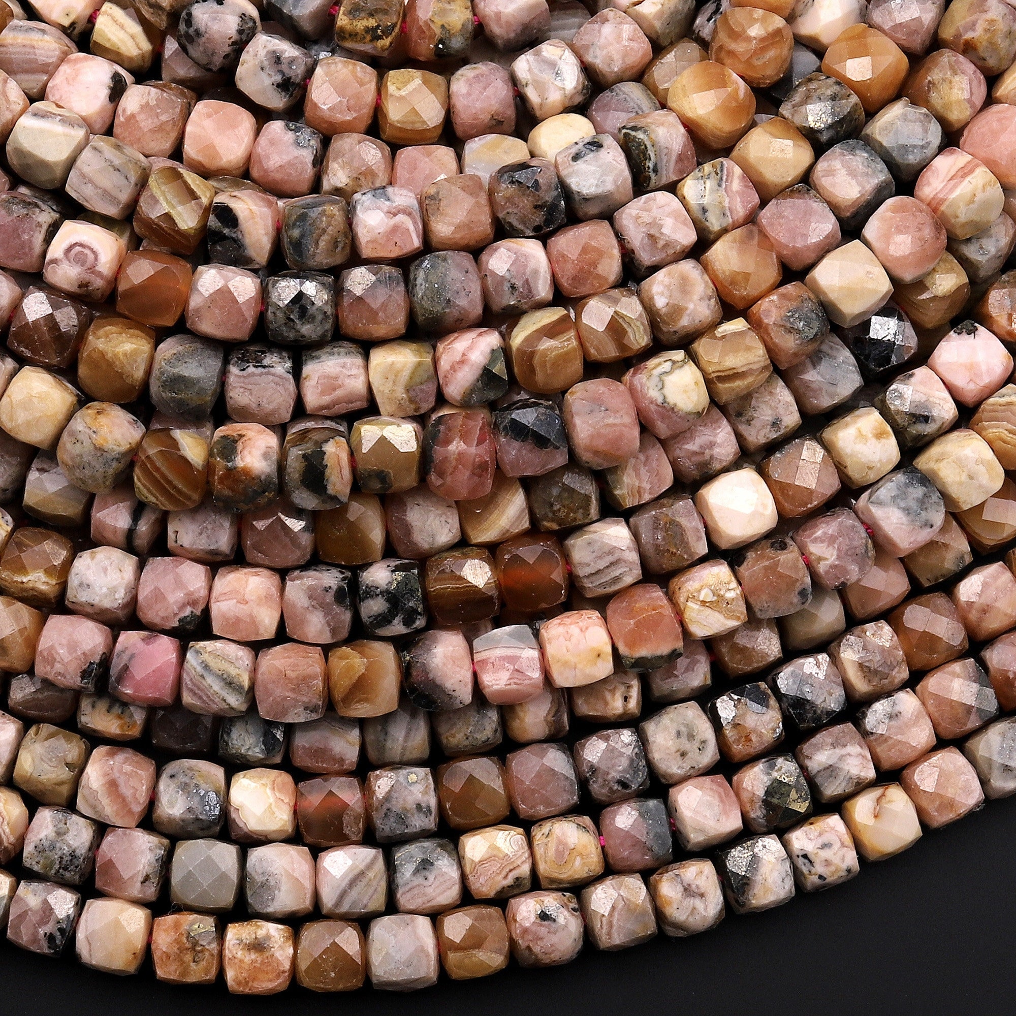 Natural Pink Brown Capillitita Rhodochrosite Faceted 4mm Cube Gemstone Beads 15.5" Strand Natural Pink Brown Capillitita Rhodochrosite Faceted 4mm Cube Gemstone Beads 15.5" Strand