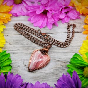 AAA Rhodochrosite 1.5'' Heart Wire Wrapped Oxidized Copper 18'' Necklace