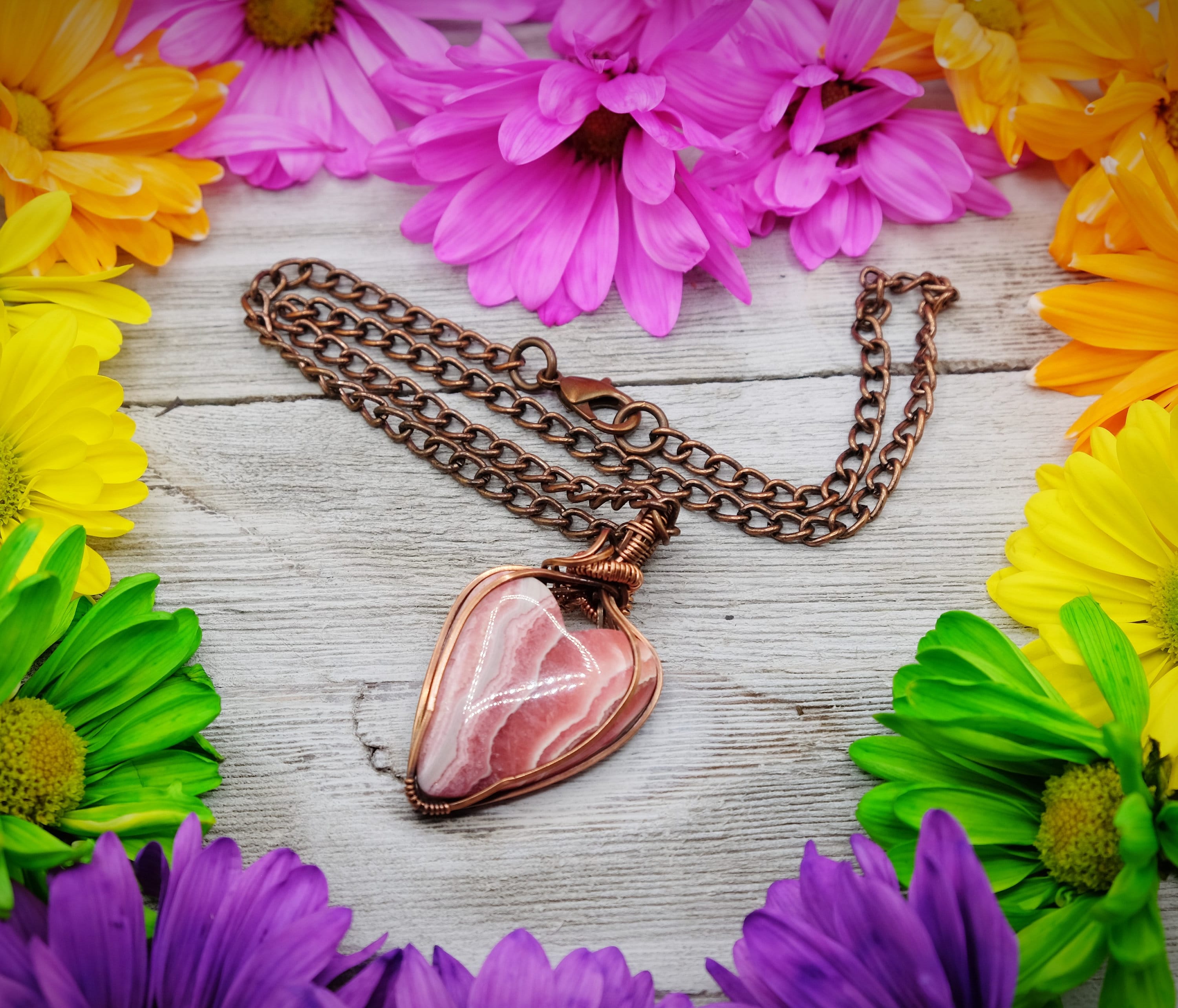 Aaa Rhodochrosite 1.5'' Heart Wire Wrapped Oxidized Copper 18'' Necklace Aaa Rhodochrosite 1.5'' Heart Wire Wrapped Oxidized Copper 18'' Necklace
