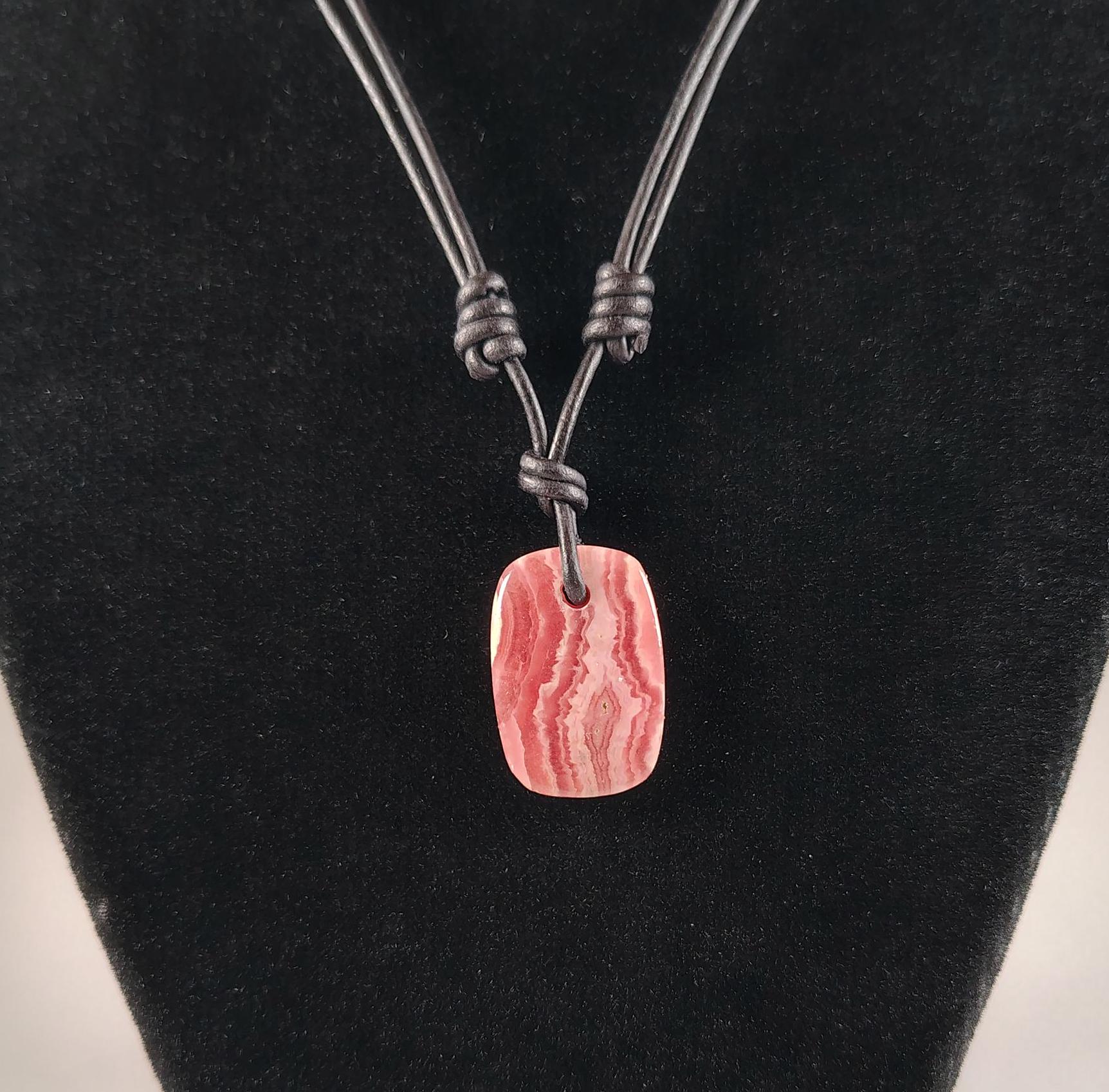 Rhodochrosite Adjustable Leather Necklace Handmade By Chris Hay