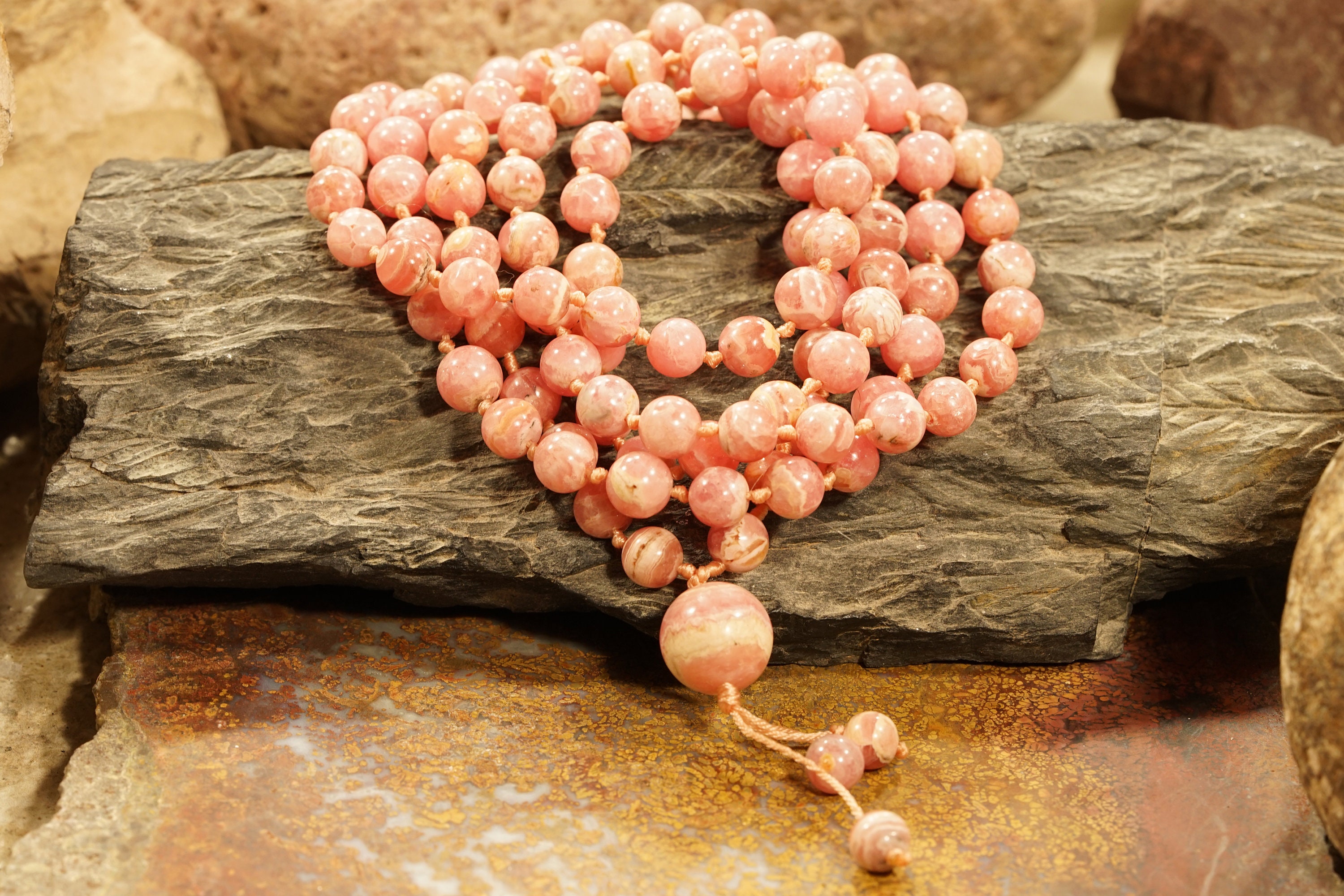 Argentinian Rhodochrosite Mala Necklace • Hand-knotted Mala • 5mm • 7mm • Love And Compassion Necklace • 108 • Crystal Mala Necklace • A4096