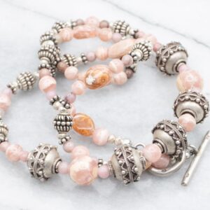 Rhodochrosite Beaded Necklace, Boho Sterling Silver Jewelry, 21 Inch