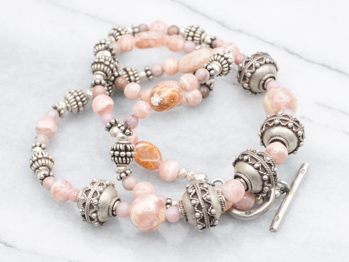 Rhodochrosite Beaded Necklace, Boho Sterling Silver Jewelry, 21 Inch