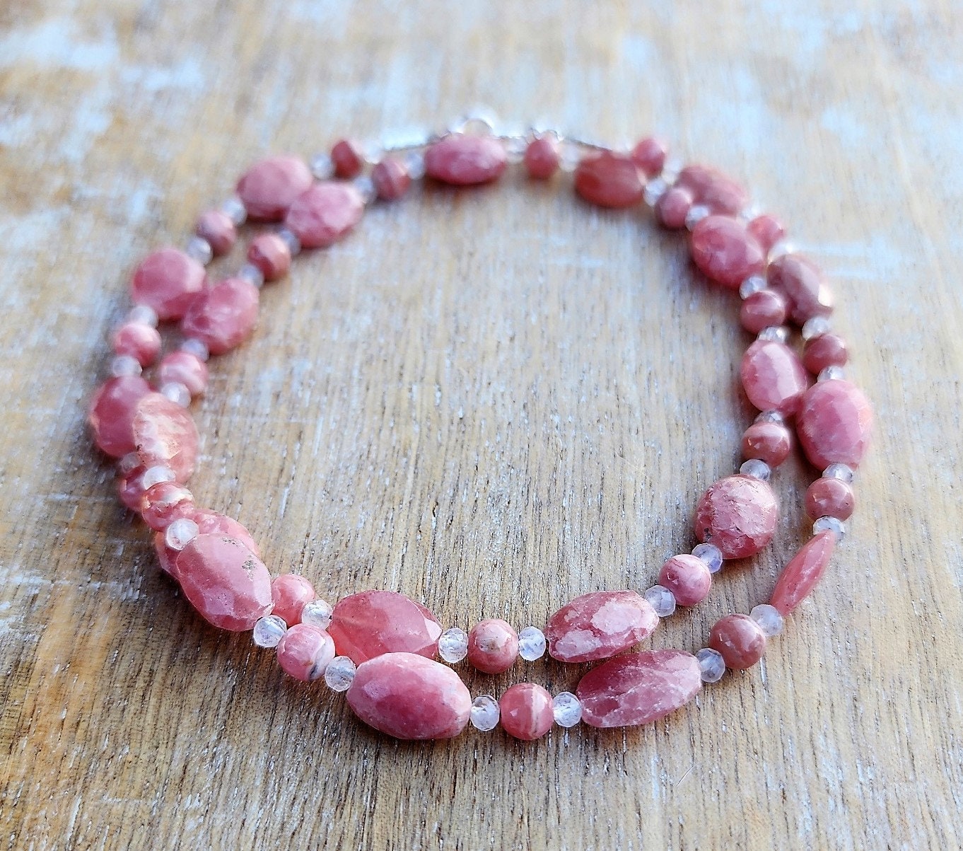 Rhodochrosite Gemstone Necklace, Pretty Pink Necklace, Handmade Necklace, Ooak Necklace, Light Pink Necklace, 19 Inch Rhodochrosite Necklace