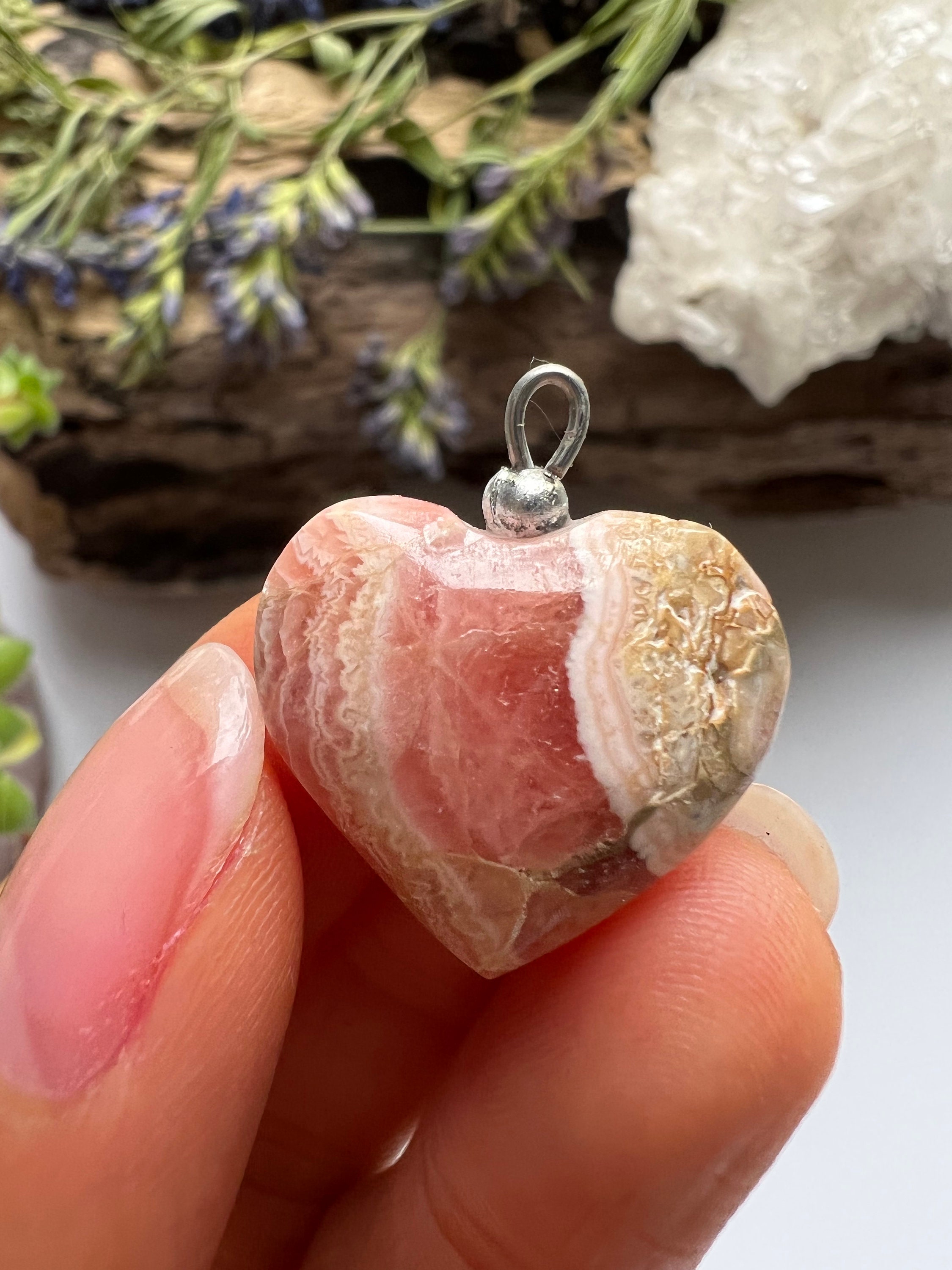 Polished Rhodochrosite Heart Pendant, Crystal Necklace