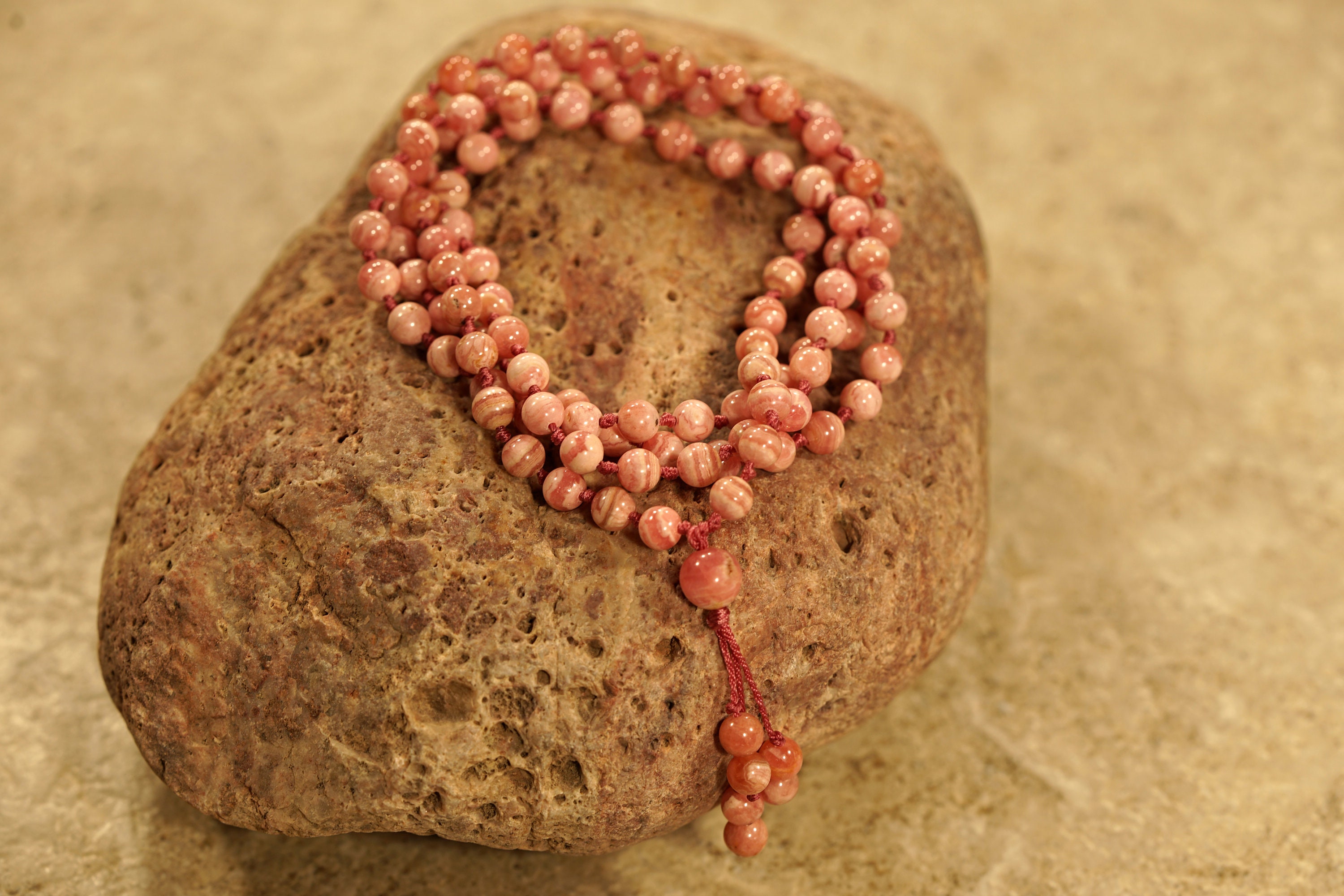 Rhodochrosite Mala • Hand-knotted Mala • Dainty Necklace • Dainty Rhodochrosite Mala Necklace • 5.5mm • Argentina Rhodochrosite Aaa • 3756