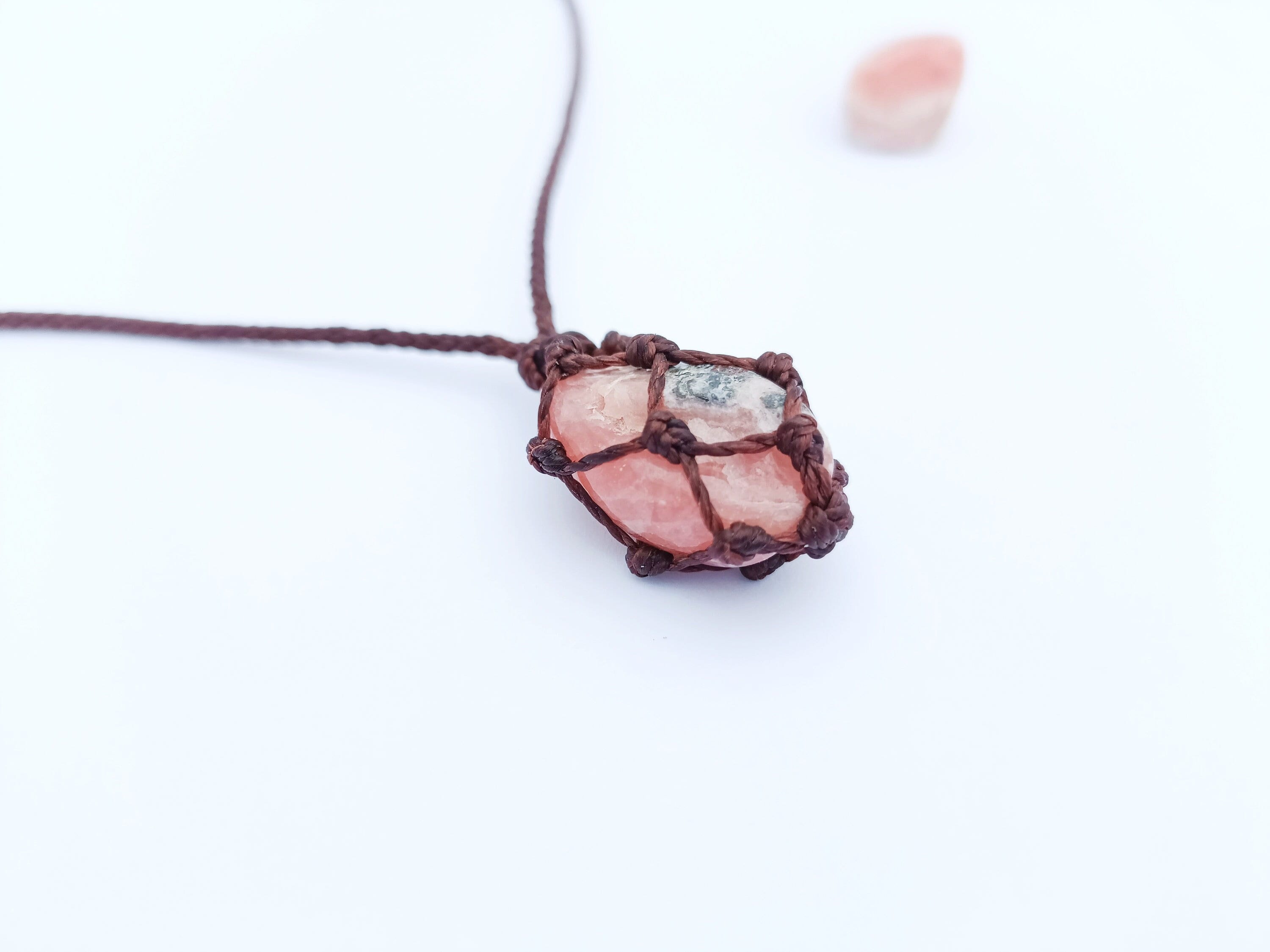 Micro Macrame Rhodochrosite Necklace: Pink Stone Love Gift
