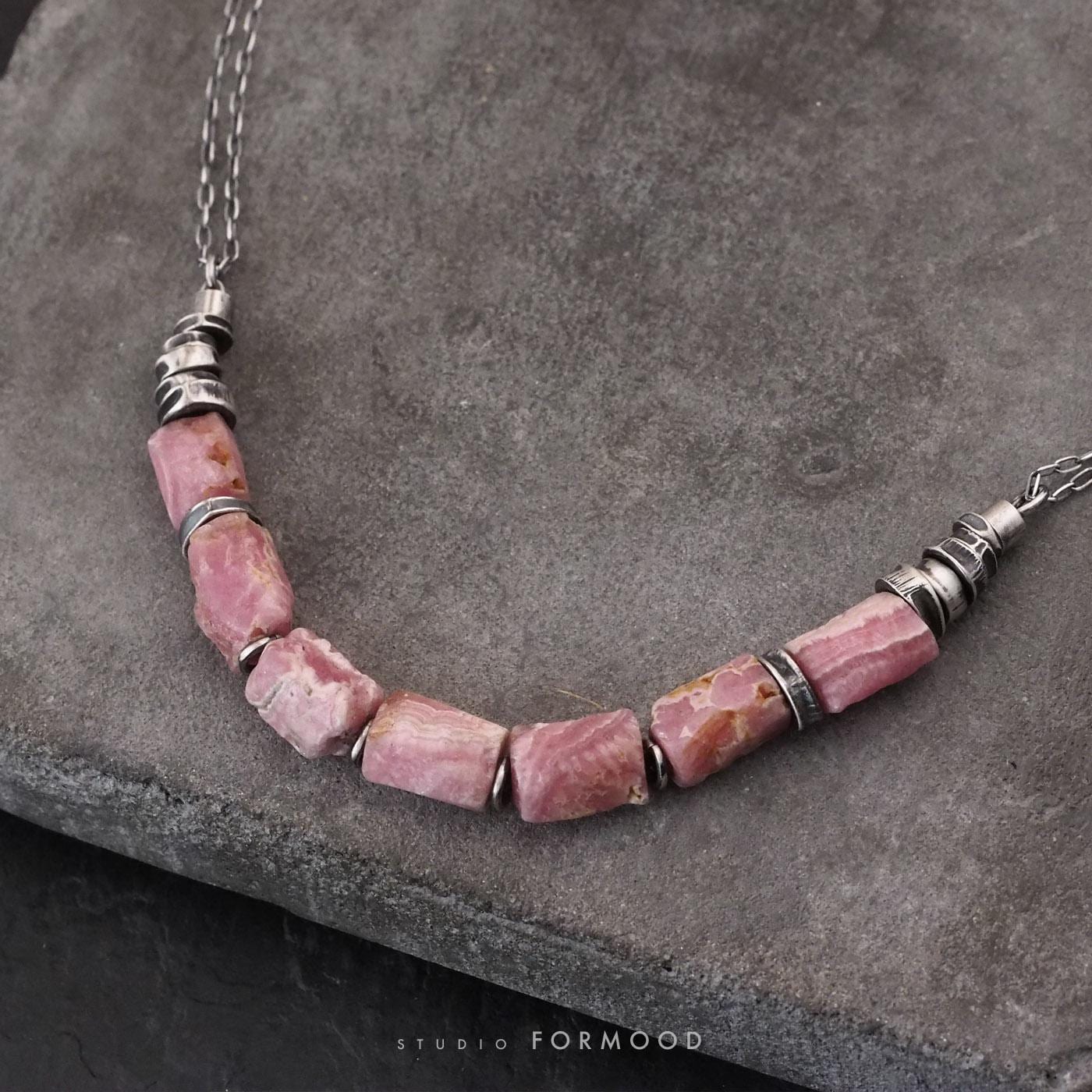 Oxidized Silver Necklace: Raw Rhodochrosite Necklace
