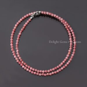 Pink Rhodochrosite Beaded Necklace, Micro Faceted Round Beads, 18 Inch Pink Rhodochrosite Beaded Necklace, Micro Faceted Round Beads, 18 Inch