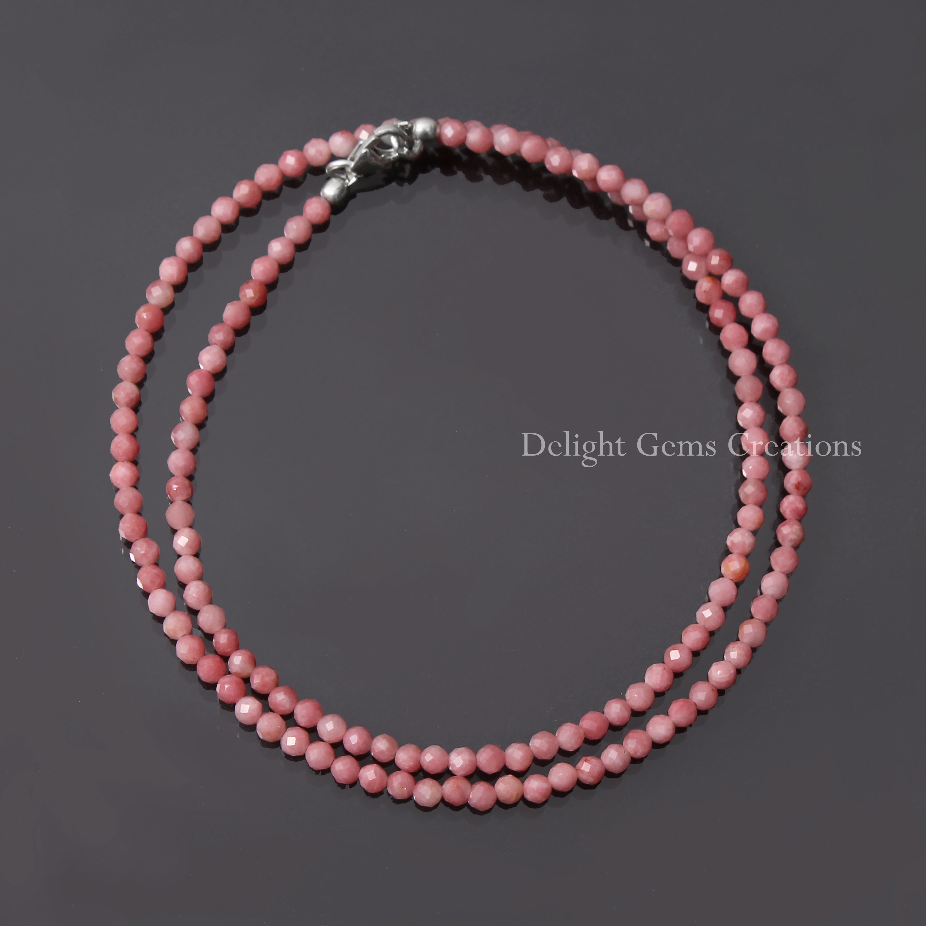 Pink Rhodochrosite Beaded Necklace, Micro Faceted Round Beads, 18 Inch